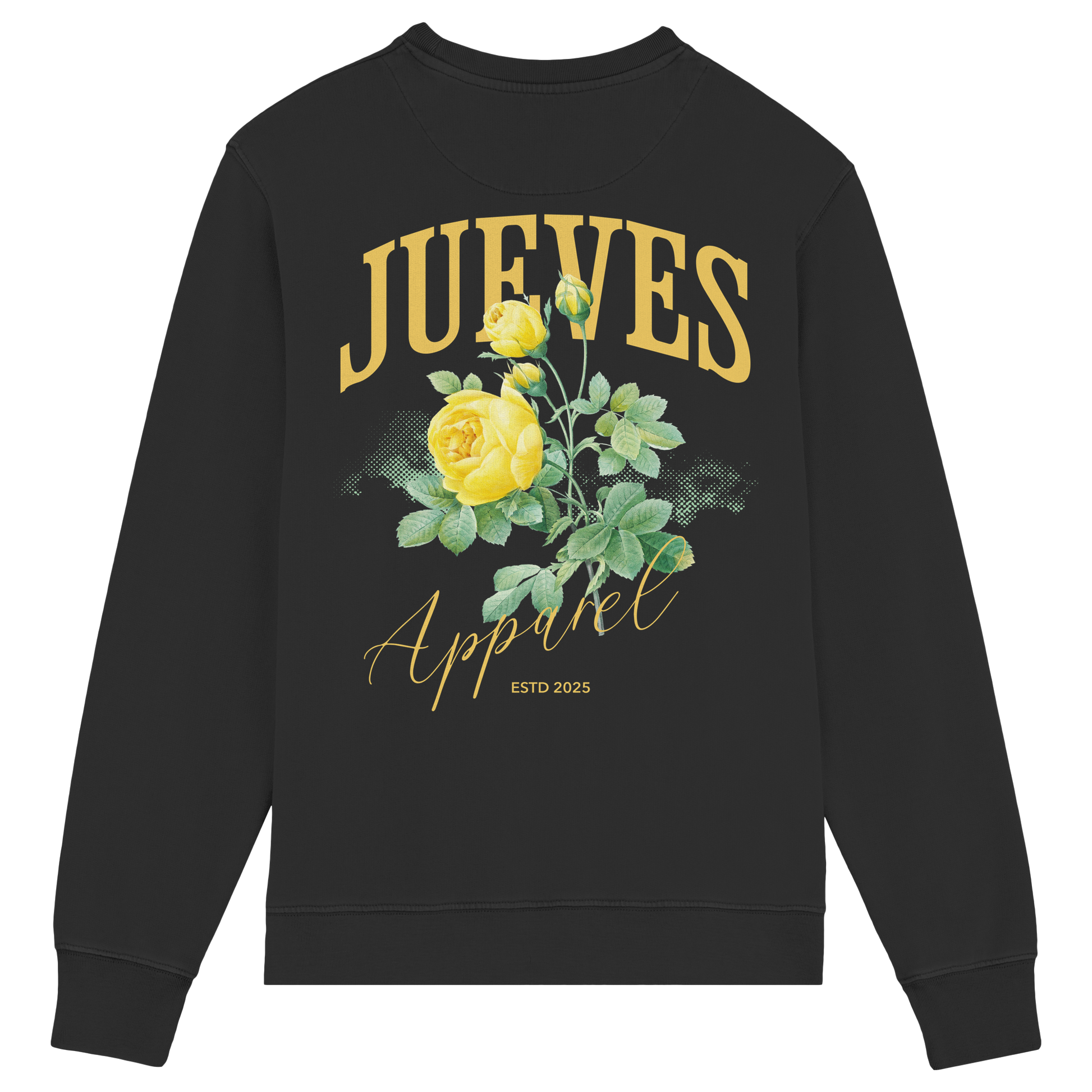Rückansicht des schwarzen Classic Sweatshirts von Jueves Apparel mit großem Rückendruck – klassischer Fit aus 85 % Bio-Baumwolle, 15 % Polyester, 300 g/m² Stoffgewicht.