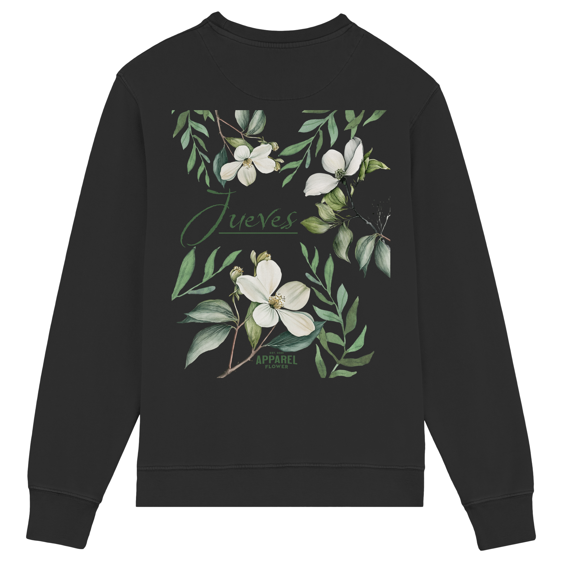 Rückansicht des schwarzen Classic Sweatshirts von Jueves Apparel mit großem Rückendruck – klassischer Fit aus 85 % Bio-Baumwolle, 15 % Polyester, 300 g/m² Stoffgewicht.