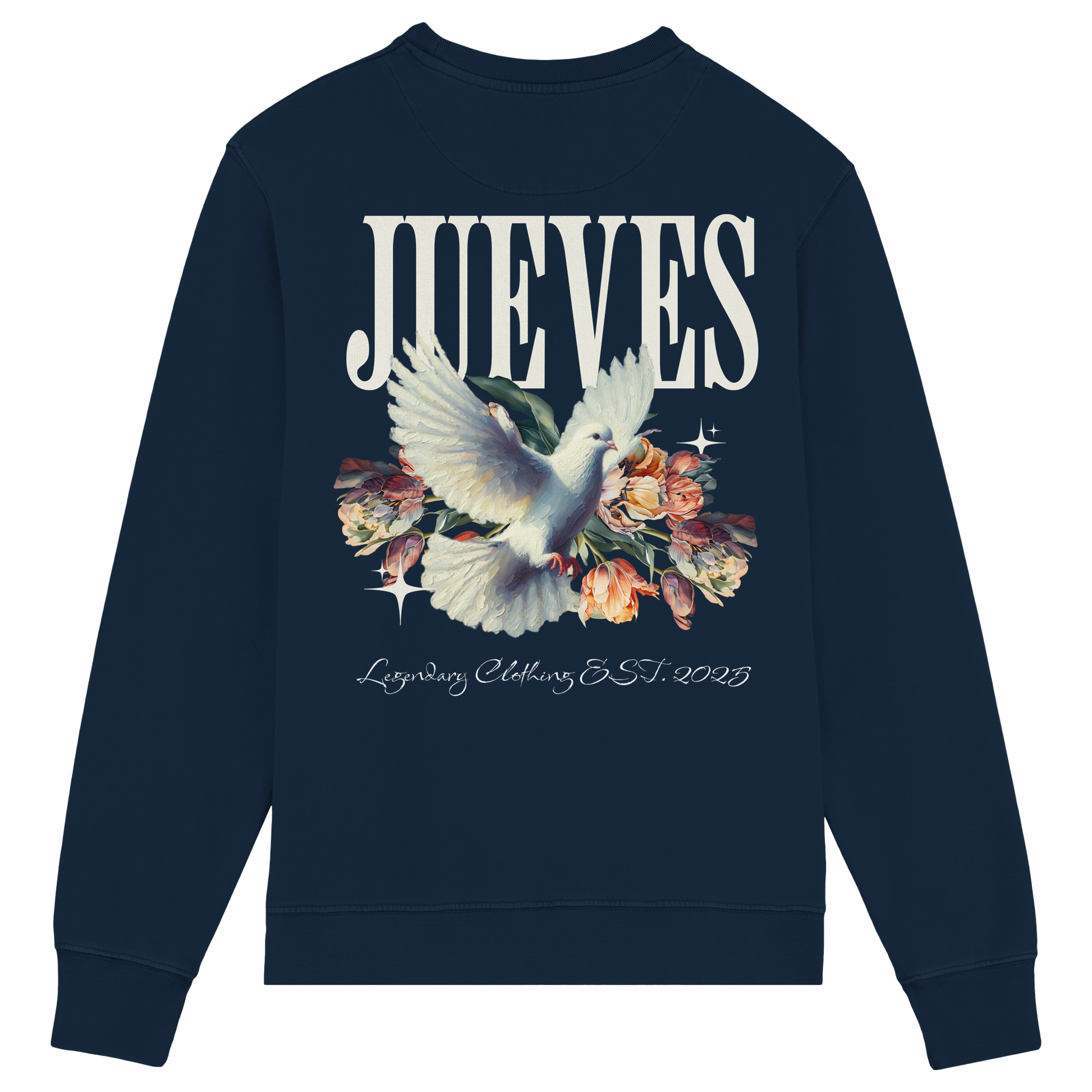 Rückansicht des blauen Classic Sweatshirts von Jueves Apparel mit großem Rückendruck – klassischer Fit aus 85 % Bio-Baumwolle, 15 % Polyester, 300 g/m² Stoffgewicht.