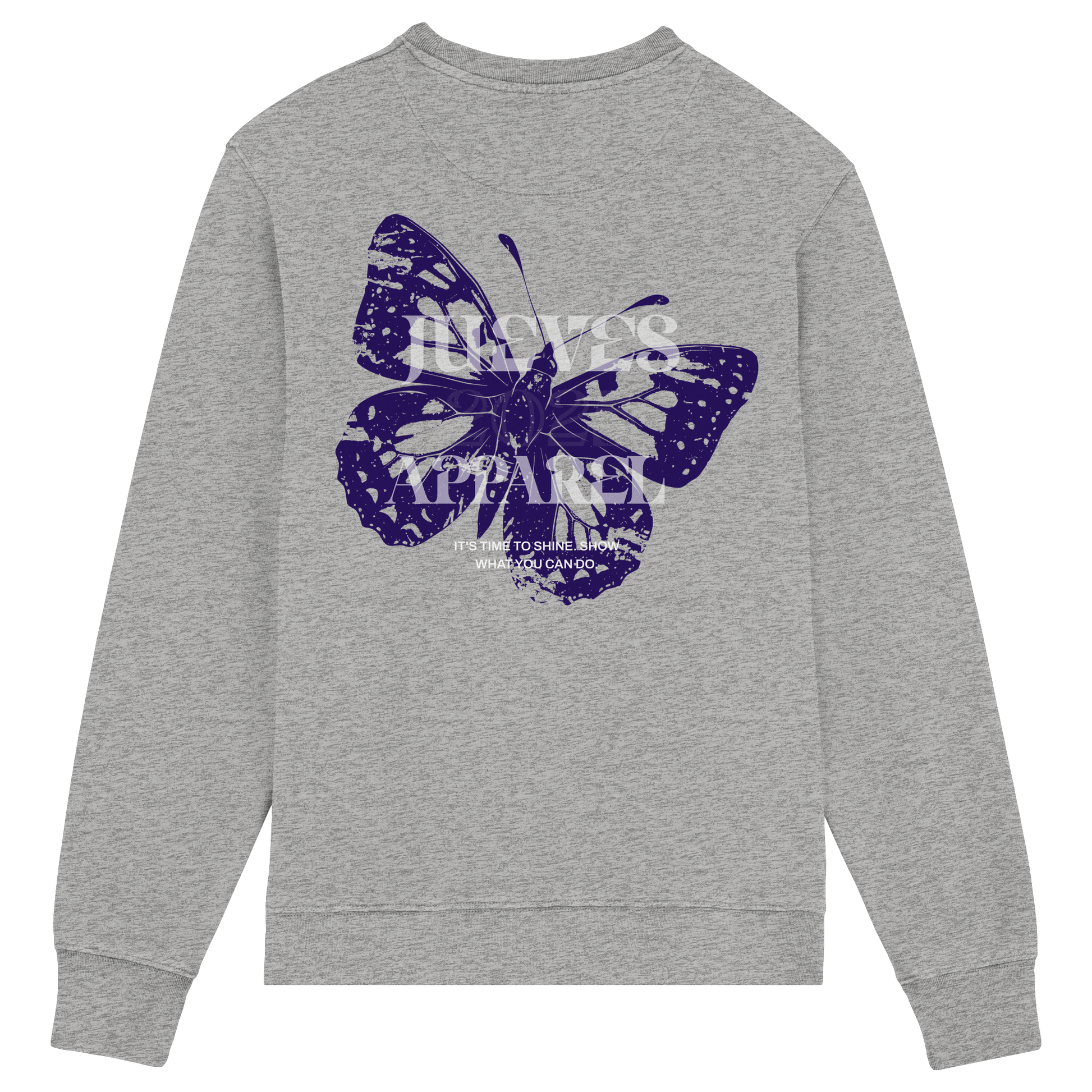 Rückansicht des grauen Classic Sweatshirts von Jueves Apparel mit großem Rückendruck – klassischer Fit aus 85 % Bio-Baumwolle, 15 % Polyester, 300 g/m² Stoffgewicht.