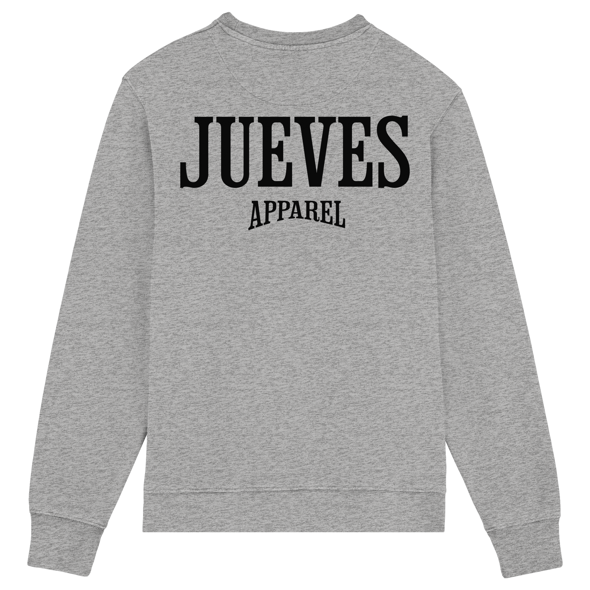 Rückansicht des grauen Classic Sweatshirts von Jueves Apparel mit großem Rückendruck – klassischer Fit aus 85 % Bio-Baumwolle, 15 % Polyester, 300 g/m² Stoffgewicht.
