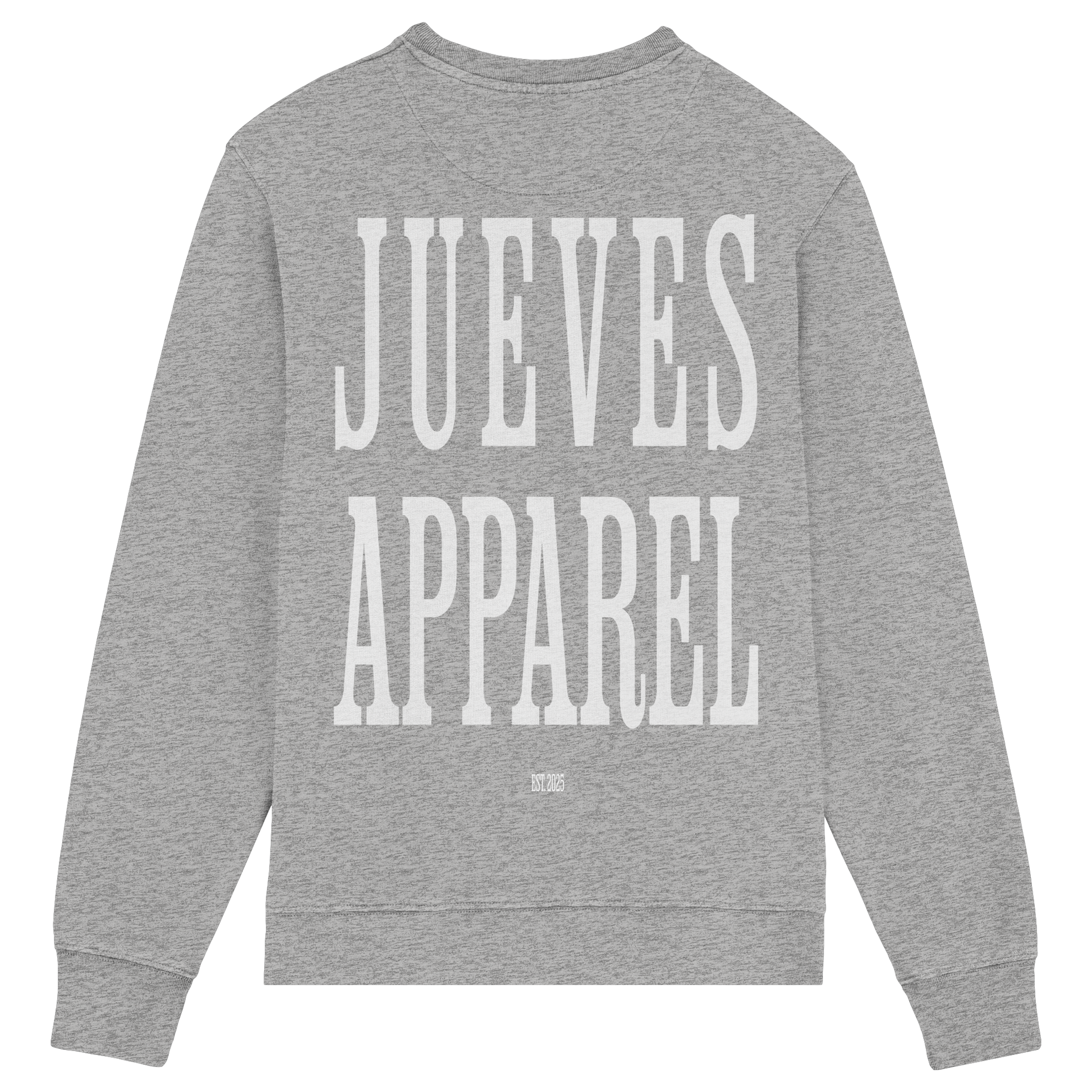Rückansicht des grauen Classic Sweatshirts von Jueves Apparel mit großem Rückendruck – klassischer Fit aus 85 % Bio-Baumwolle, 15 % Polyester, 300 g/m² Stoffgewicht.