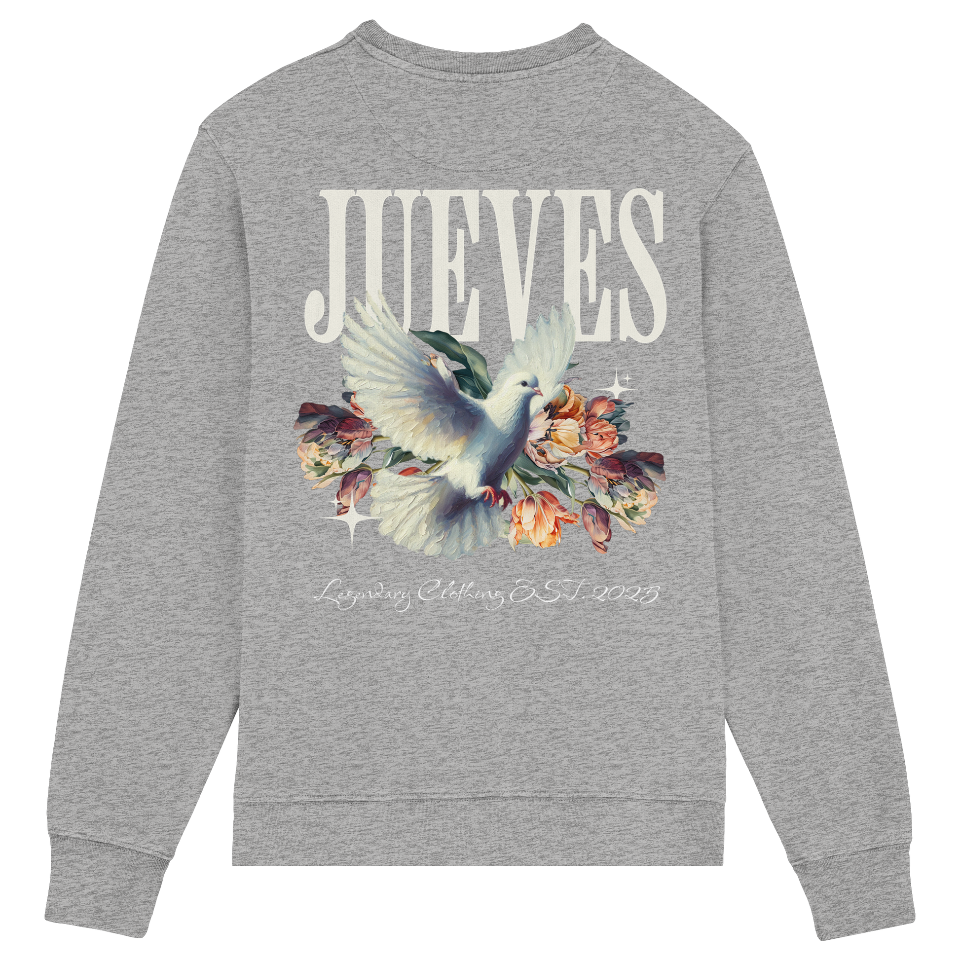 Rückansicht des grauen Classic Sweatshirts von Jueves Apparel mit großem Rückendruck – klassischer Fit aus 85 % Bio-Baumwolle, 15 % Polyester, 300 g/m² Stoffgewicht.