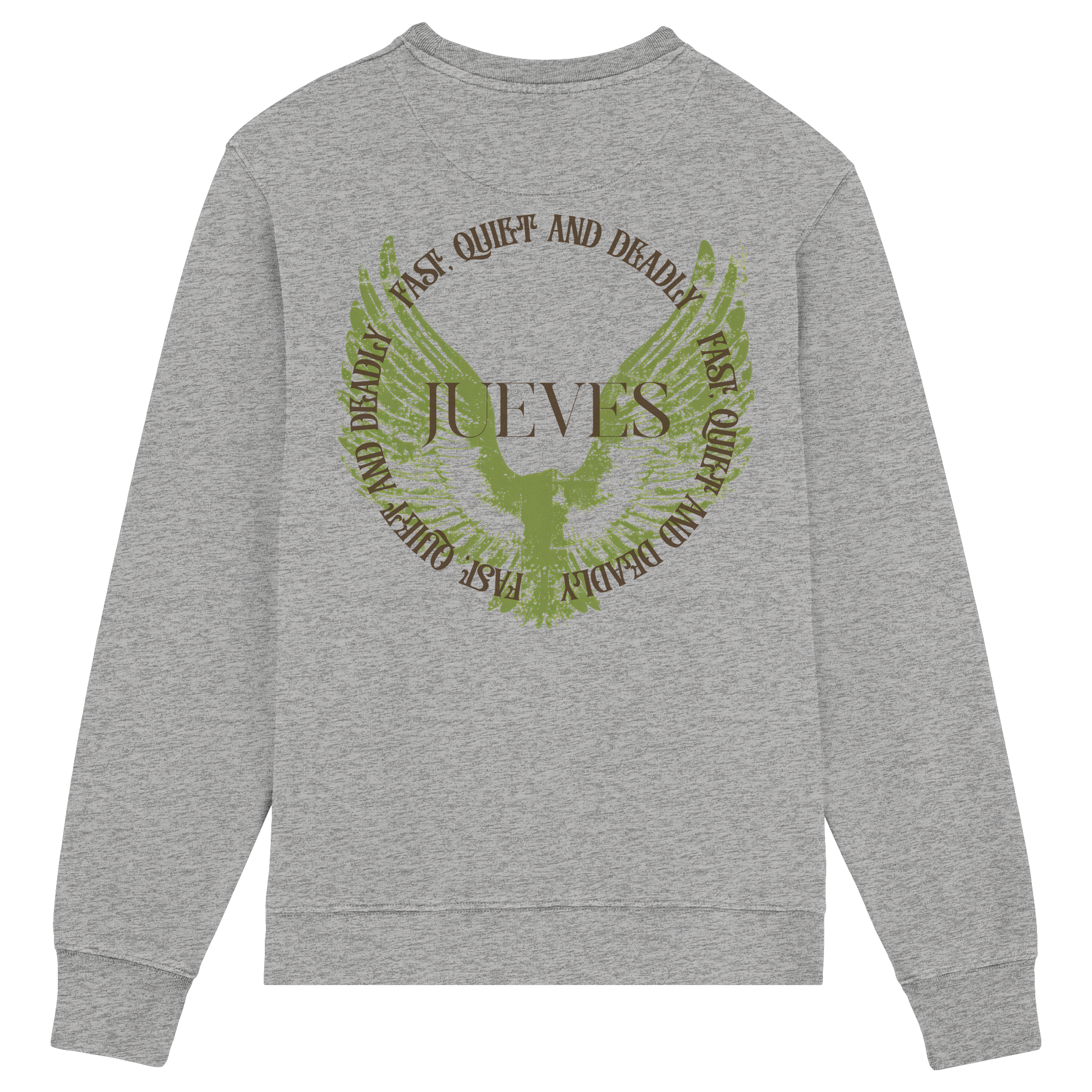 Rückansicht des grauen Classic Sweatshirts von Jueves Apparel mit großem Rückendruck – klassischer Fit aus 85 % Bio-Baumwolle, 15 % Polyester, 300 g/m² Stoffgewicht.