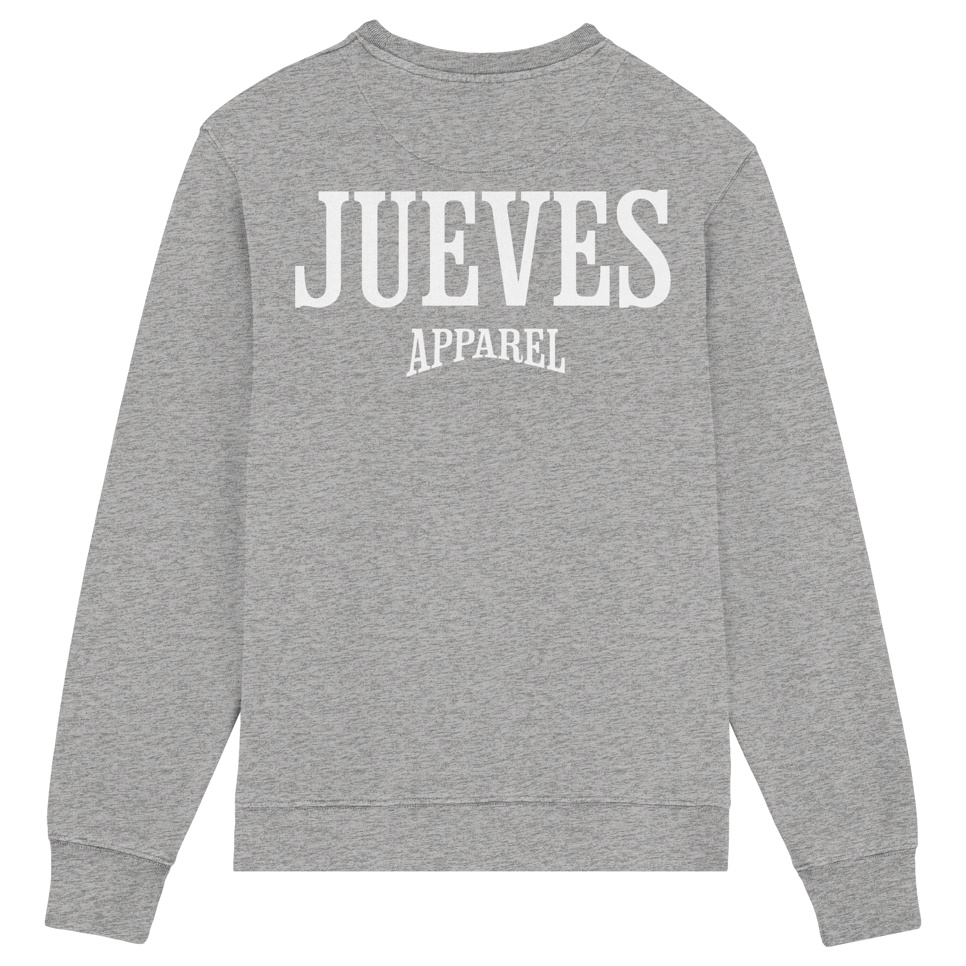 Rückansicht des grauen Classic Sweatshirts von Jueves Apparel mit großem Rückendruck – klassischer Fit aus 85 % Bio-Baumwolle, 15 % Polyester, 300 g/m² Stoffgewicht.