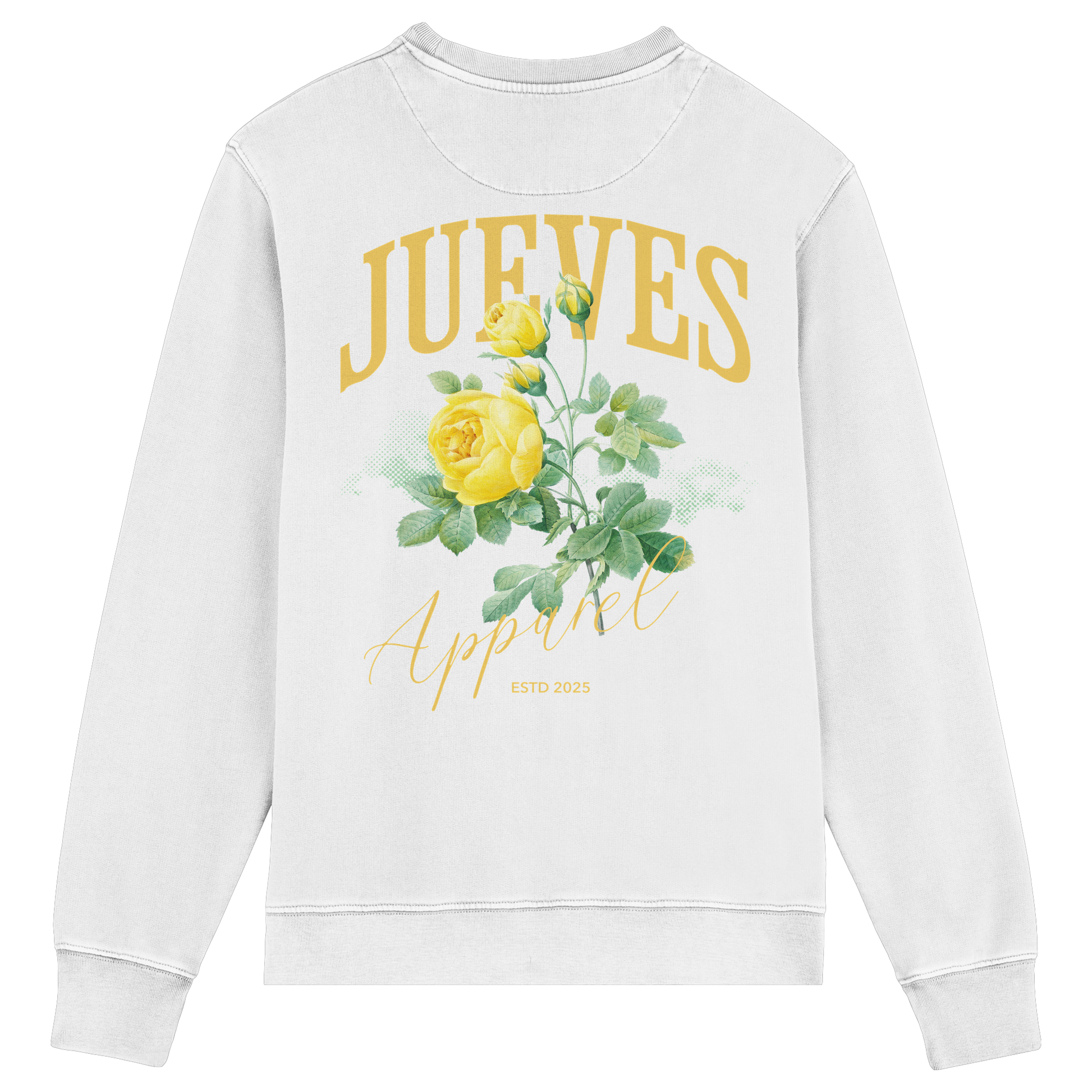 Rückansicht des weißen Classic Sweatshirts von Jueves Apparel mit großem Rückendruck – klassischer Fit aus 85 % Bio-Baumwolle, 15 % Polyester, 300 g/m² Stoffgewicht.