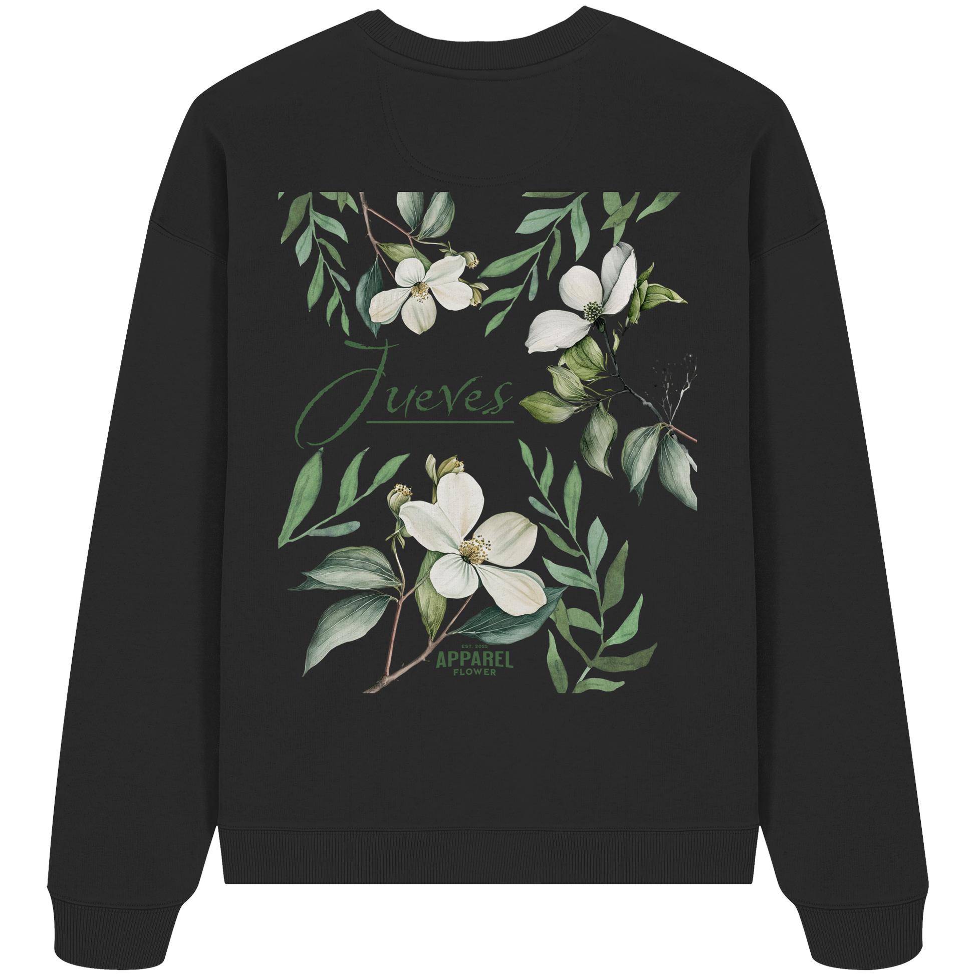 schwarzes Jueves Apparel Oversized Boxcut Sweatshirt mit markantem Rückendruck – urbaner Streetwear-Style aus Bio-Baumwolle