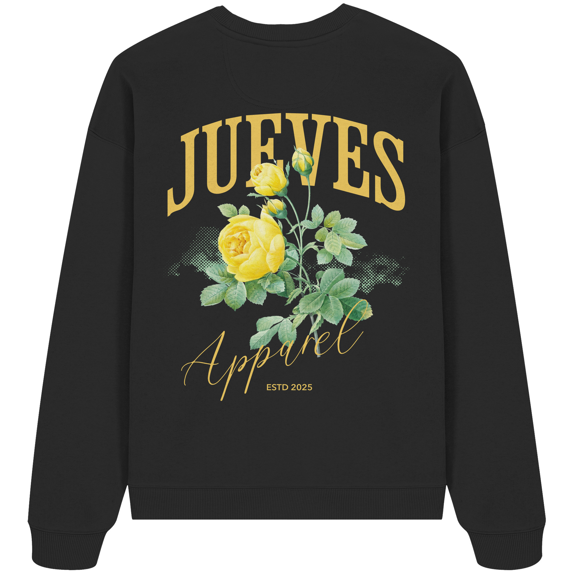 schwarzes Jueves Apparel Oversized Boxcut Sweatshirt mit markantem Rückendruck – urbaner Streetwear-Style aus Bio-Baumwolle