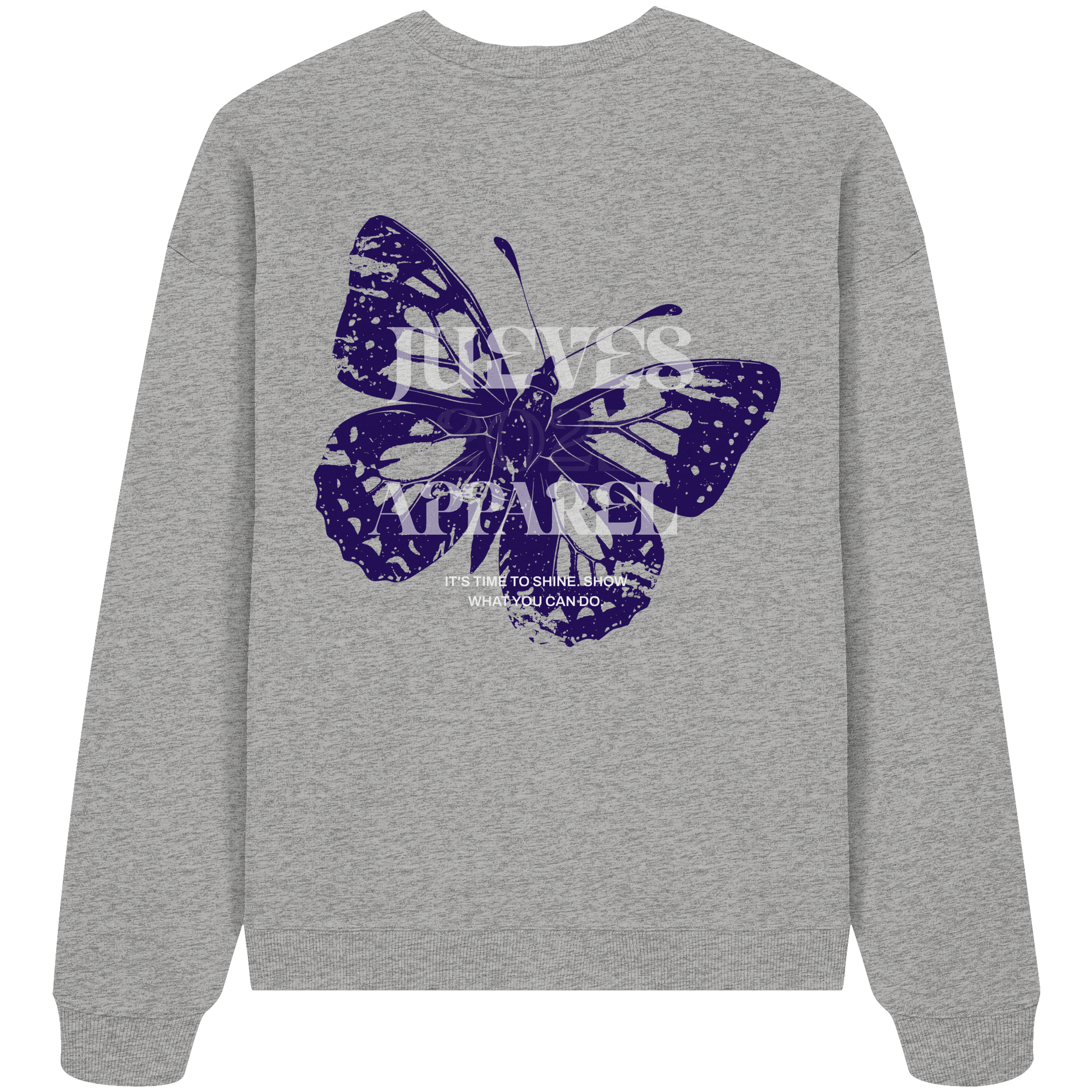 graues Jueves Apparel Oversized Boxcut Sweatshirt mit markantem Rückendruck – urbaner Streetwear-Style aus Bio-Baumwolle