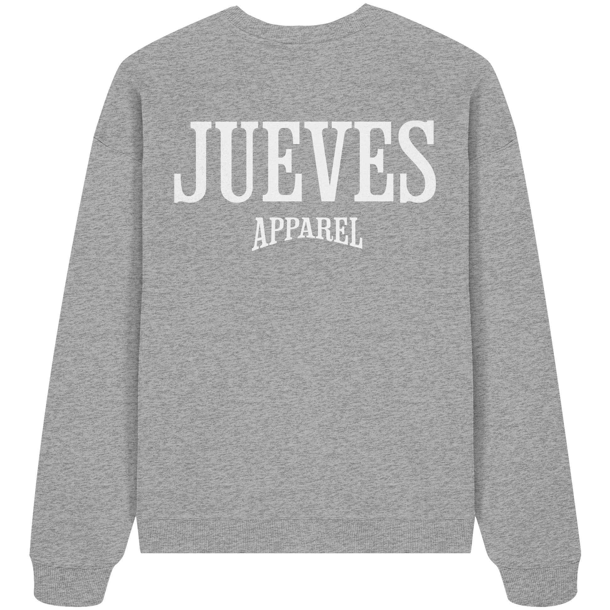 graues Jueves Apparel Oversized Boxcut Sweatshirt mit markantem Rückendruck – urbaner Streetwear-Style aus Bio-Baumwolle