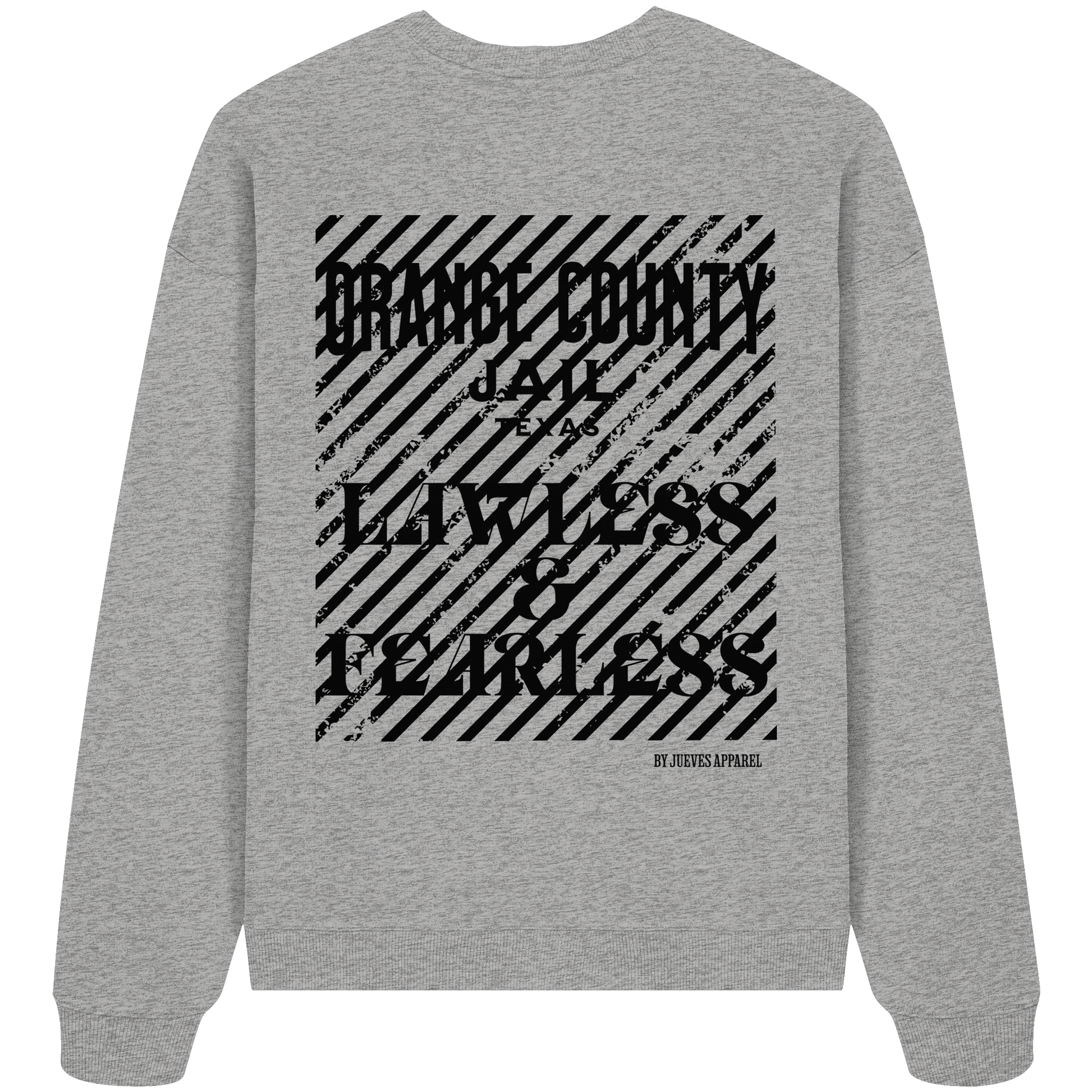 graues Jueves Apparel Oversized Boxcut Sweatshirt mit markantem Rückendruck – urbaner Streetwear-Style aus Bio-Baumwolle