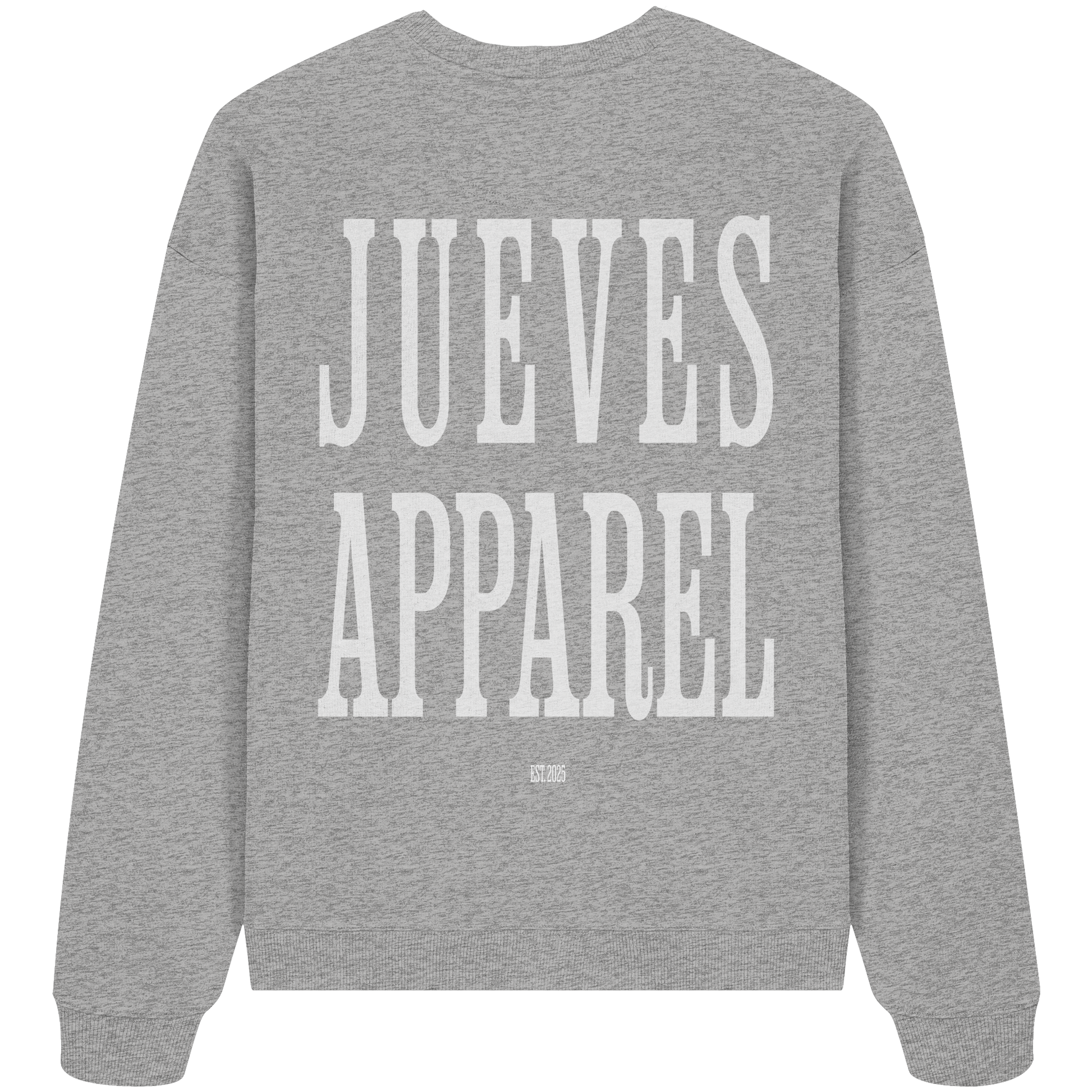graues Jueves Apparel Oversized Boxcut Sweatshirt mit markantem Rückendruck – urbaner Streetwear-Style aus Bio-Baumwolle