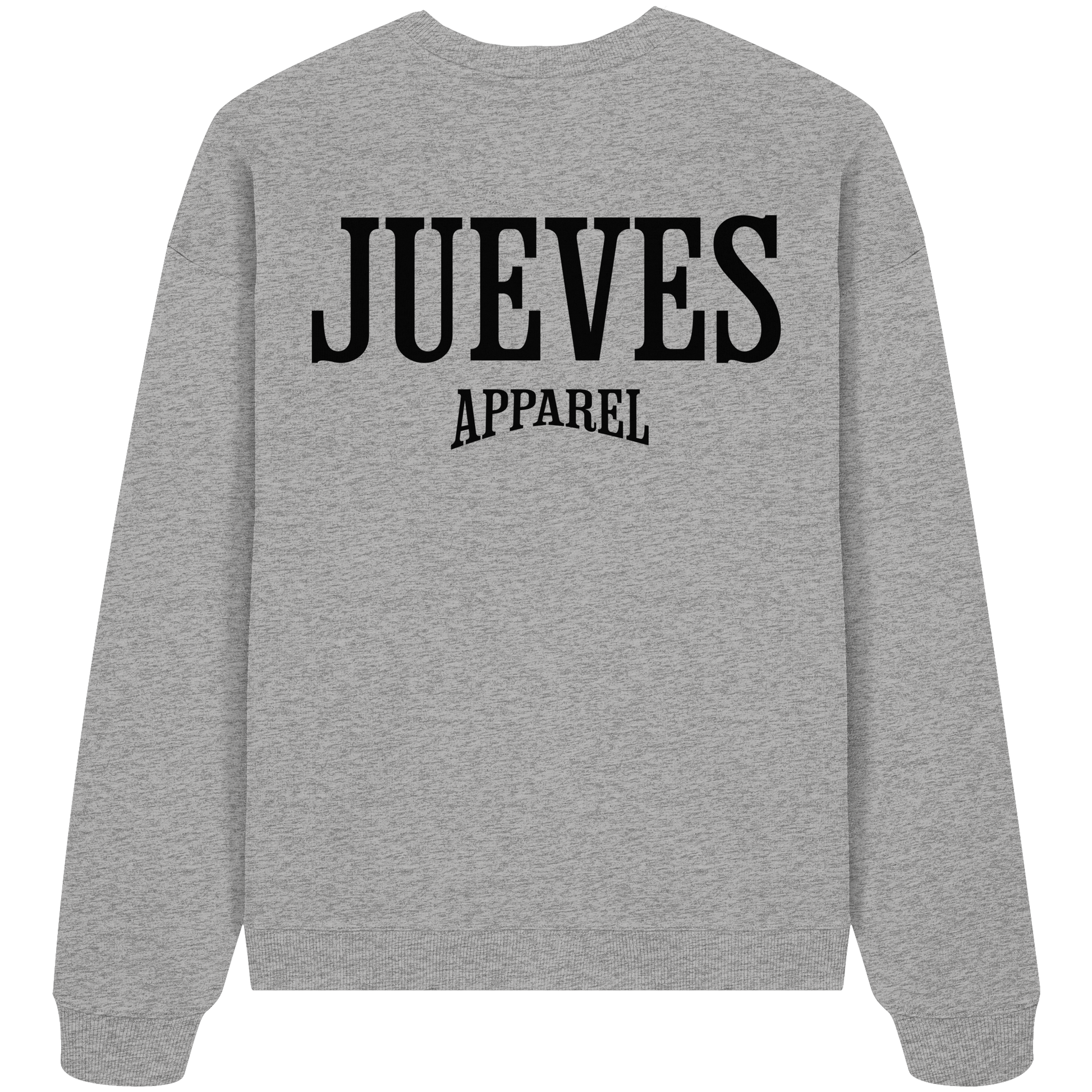 graues Jueves Apparel Oversized Boxcut Sweatshirt mit markantem Rückendruck – urbaner Streetwear-Style aus Bio-Baumwolle