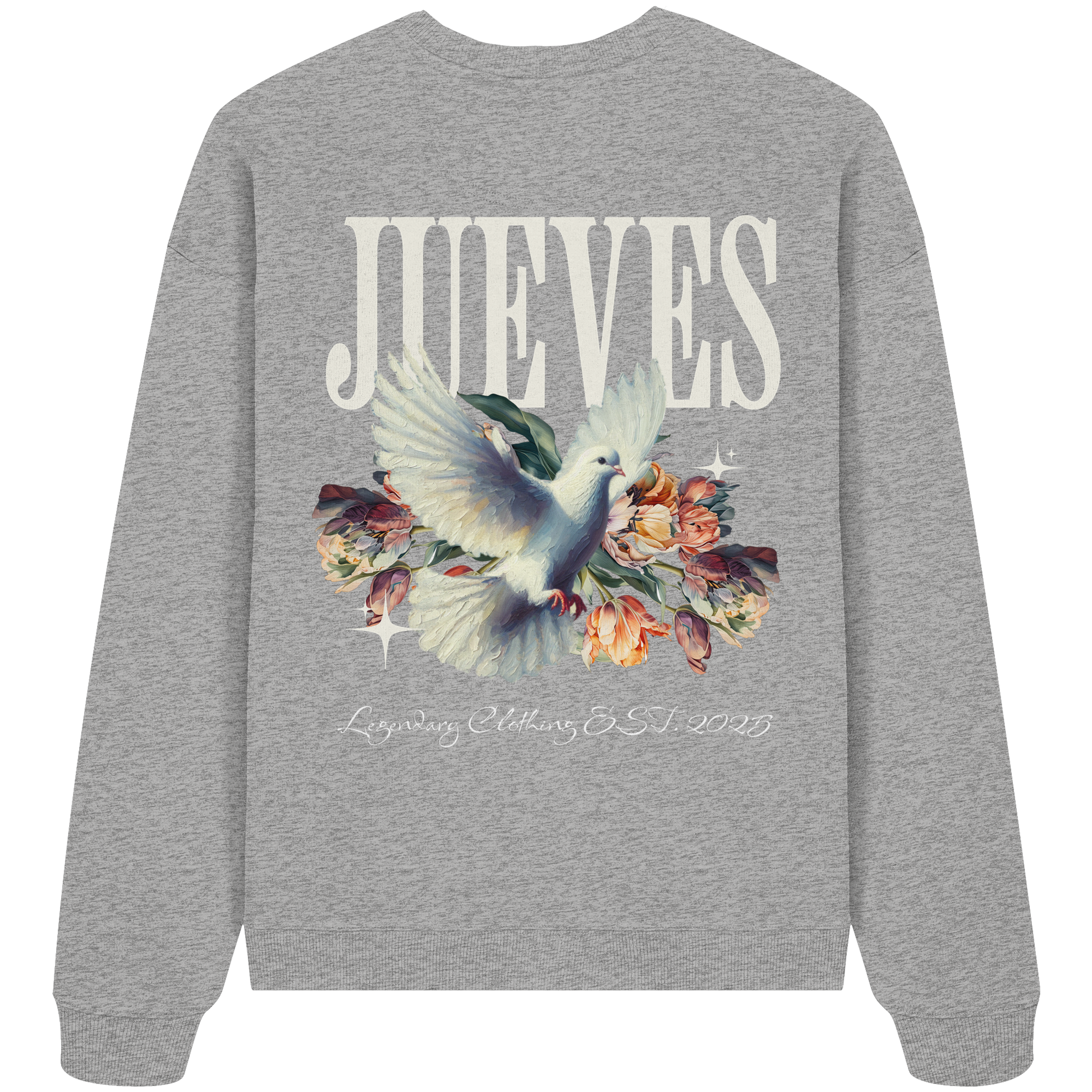 graues Jueves Apparel Oversized Boxcut Sweatshirt mit markantem Rückendruck – urbaner Streetwear-Style aus Bio-Baumwolle
