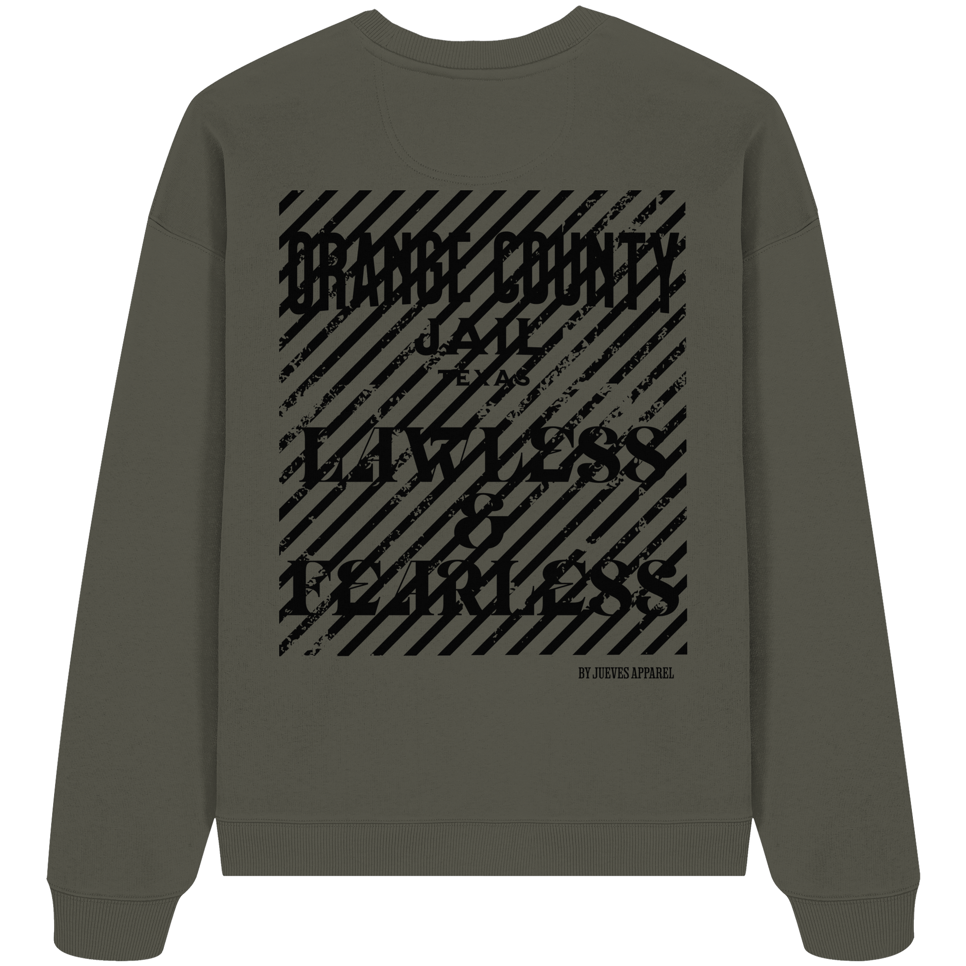 khaki Jueves Apparel Oversized Boxcut Sweatshirt mit markantem Rückendruck – urbaner Streetwear-Style aus Bio-Baumwolle