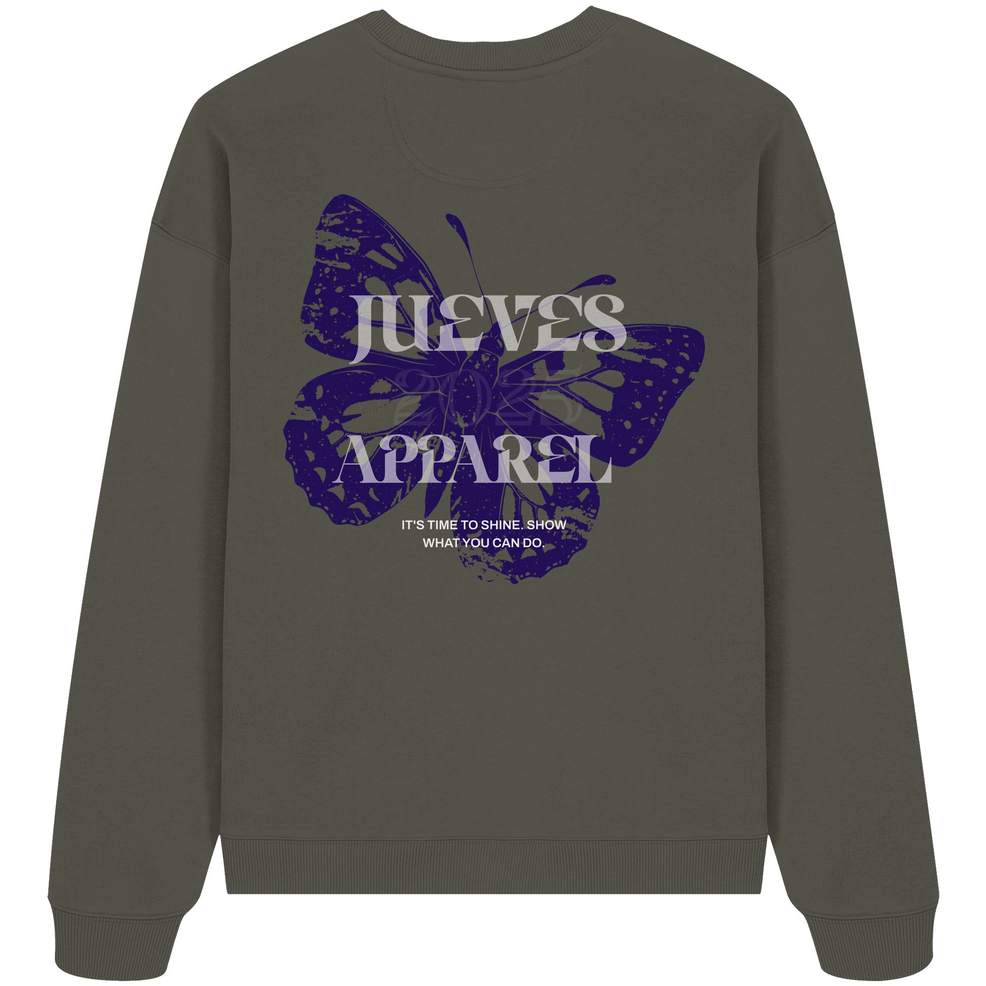 khaki Jueves Apparel Oversized Boxcut Sweatshirt mit markantem Rückendruck – urbaner Streetwear-Style aus Bio-Baumwolle
