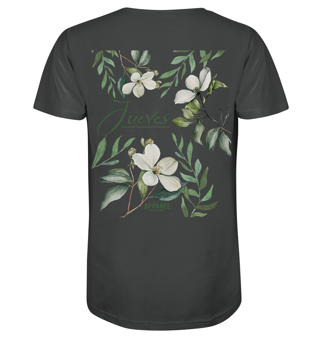 anthrazites Jueves Apparel Classic t-shirt mit markantem Rückendruck – urbaner Streetwear-Style aus Bio-Baumwolle