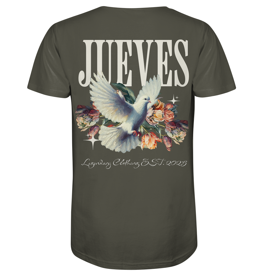Khaki Jueves Apparel Classic T-Shirt  mit markantem Rückendruck – urbaner Streetwear-Style aus Bio-Baumwolle