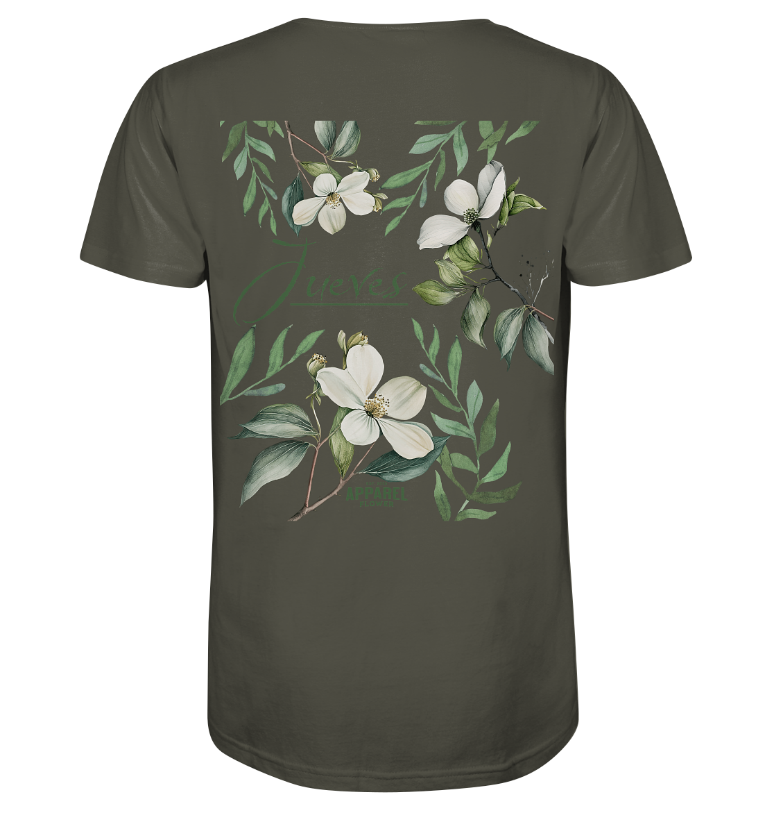 Khaki Jueves Apparel Classic t-shirt mit markantem Rückendruck – urbaner Streetwear-Style aus Bio-Baumwolle