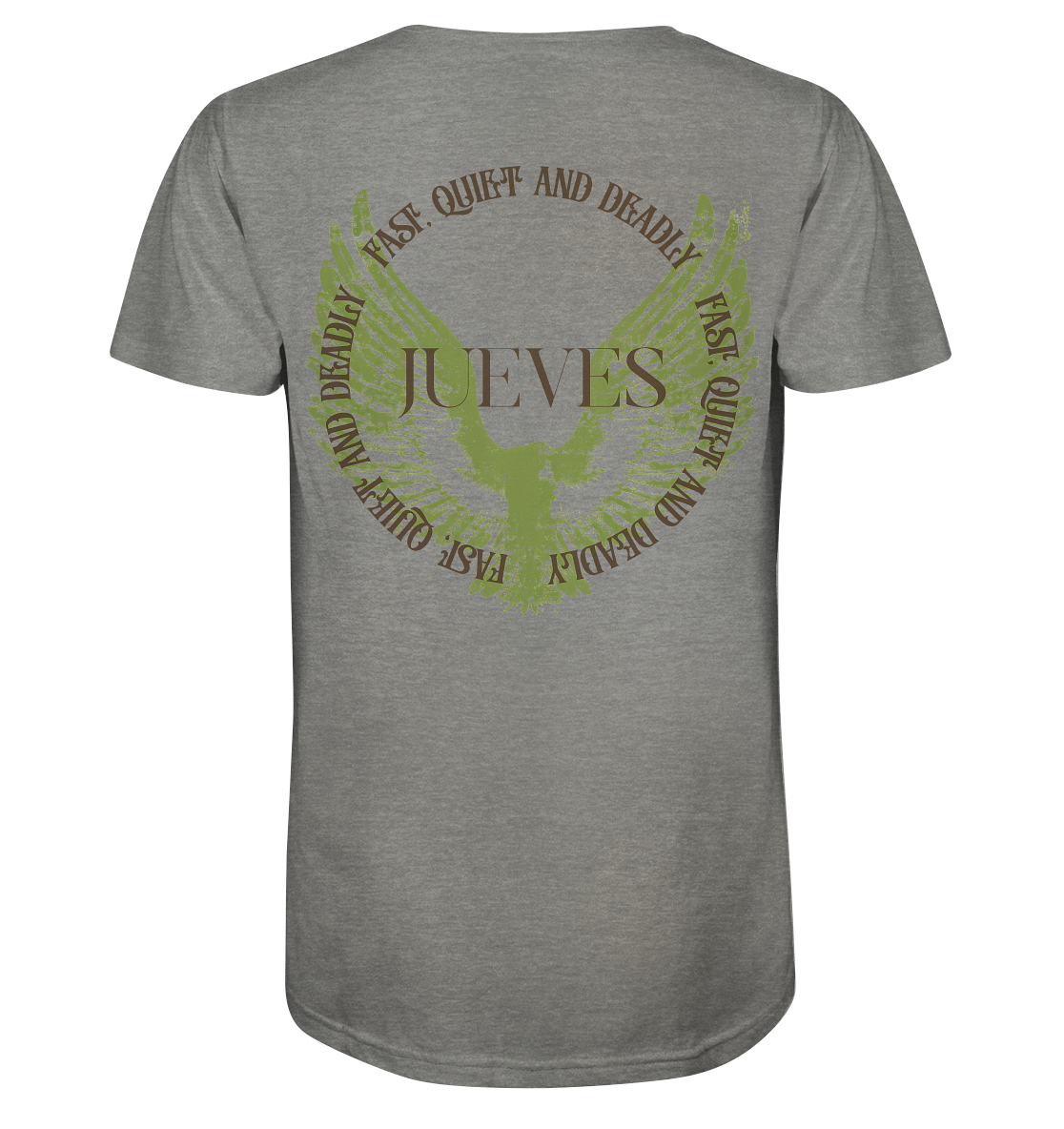 graues Jueves Apparel Classic T-Shirt  mit markantem Rückendruck – urbaner Streetwear-Style aus Bio-Baumwolle