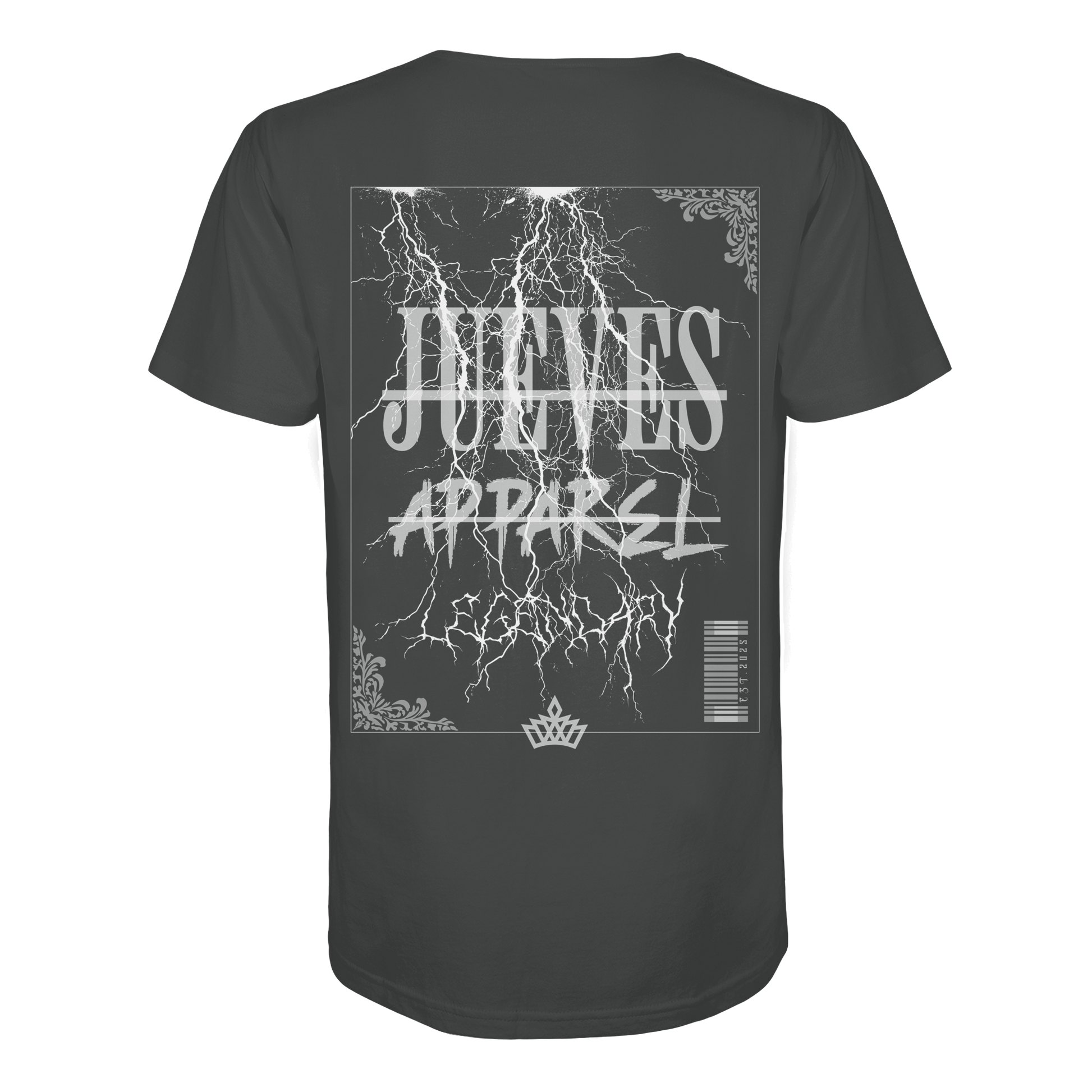anthrazites Jueves Apparel Classic T-Shirt  mit markantem Rückendruck – urbaner Streetwear-Style aus Bio-Baumwolle