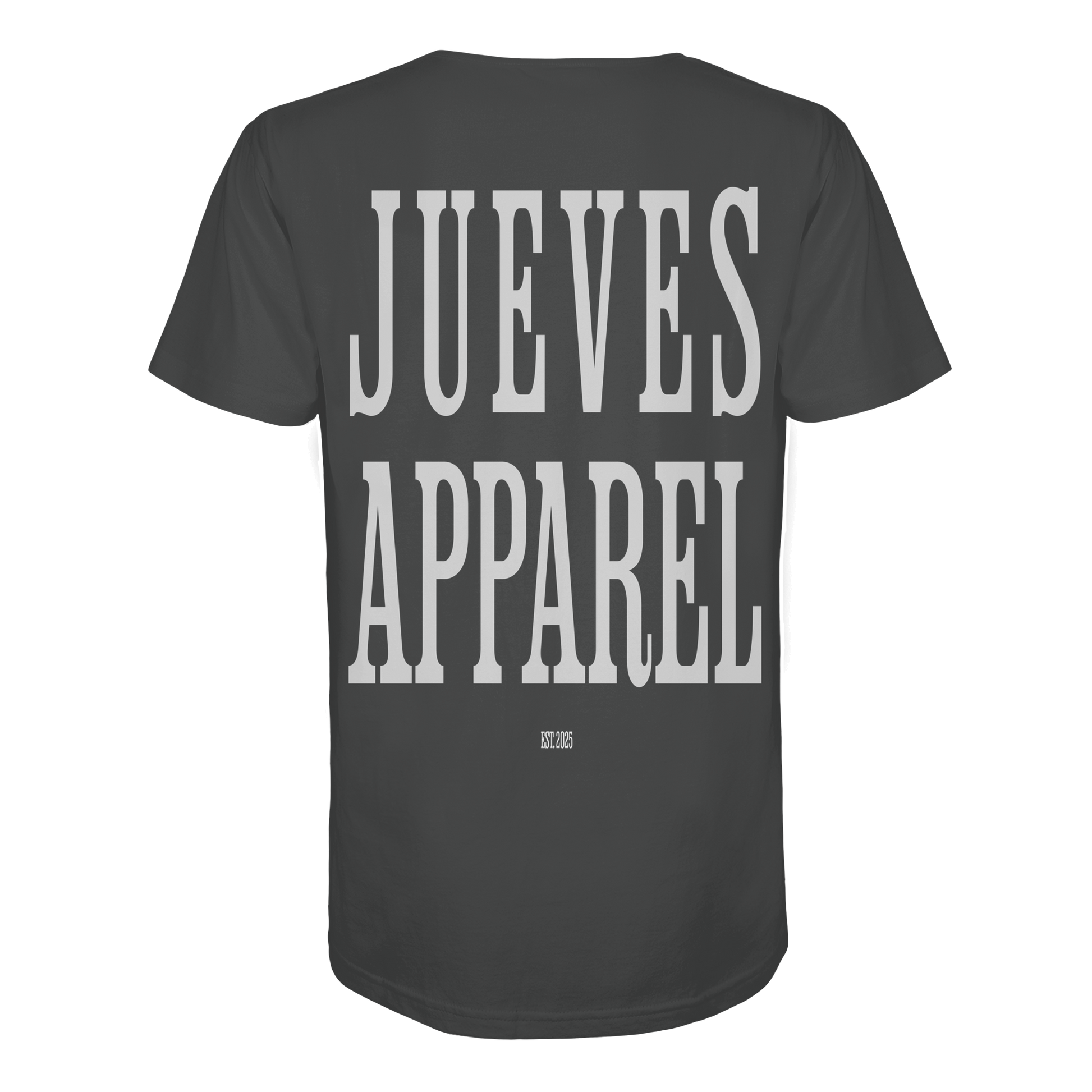 anthrazites Jueves Apparel Classic T-Shirt  mit markantem Rückendruck – urbaner Streetwear-Style aus Bio-Baumwolle