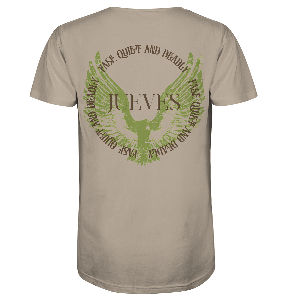 beiges Jueves Apparel Classic t-shirt mit markantem Rückendruck – urbaner Streetwear-Style aus Bio-Baumwolle