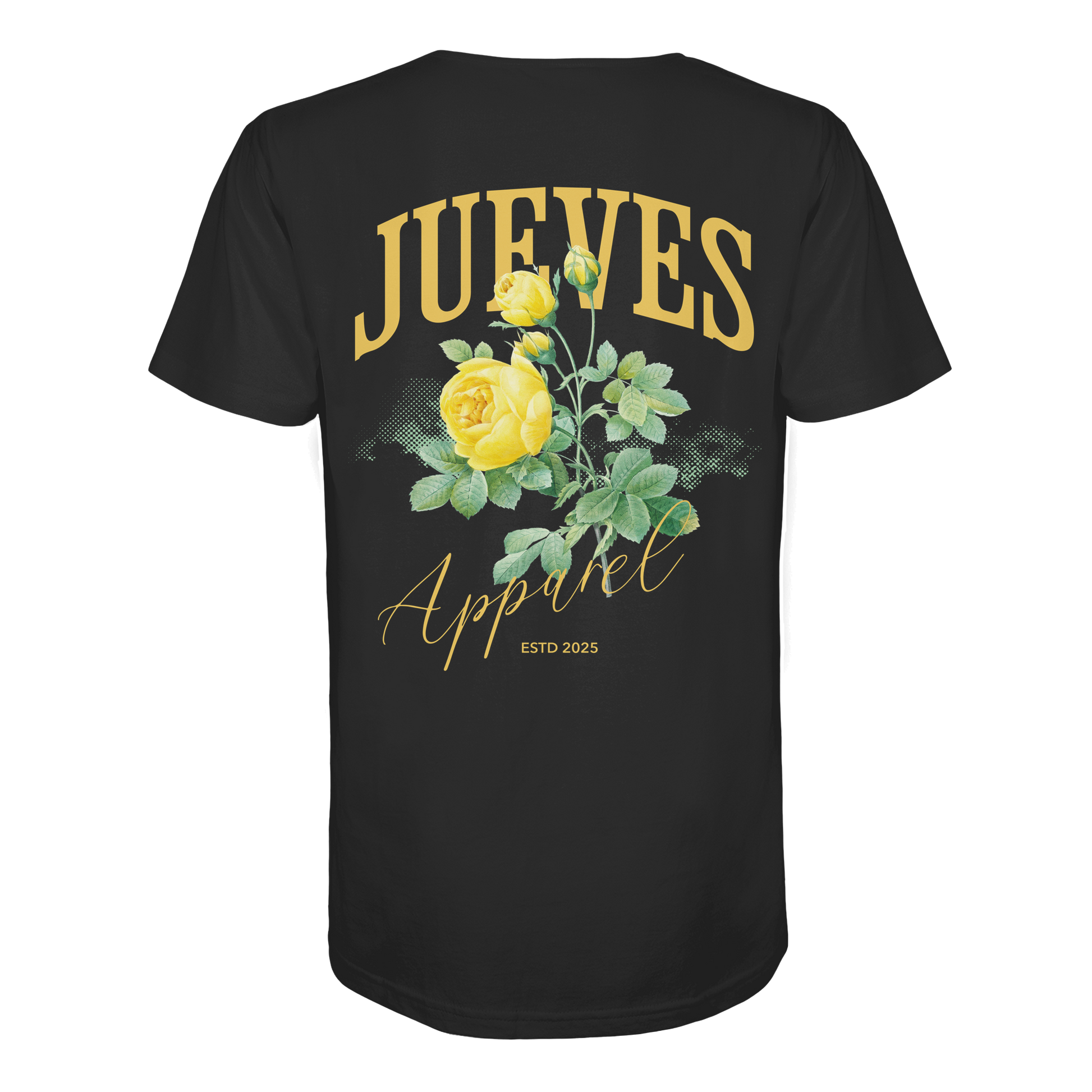 schwarzes Jueves Apparel Classic T-Shirt  mit markantem Rückendruck – urbaner Streetwear-Style aus Bio-Baumwolle