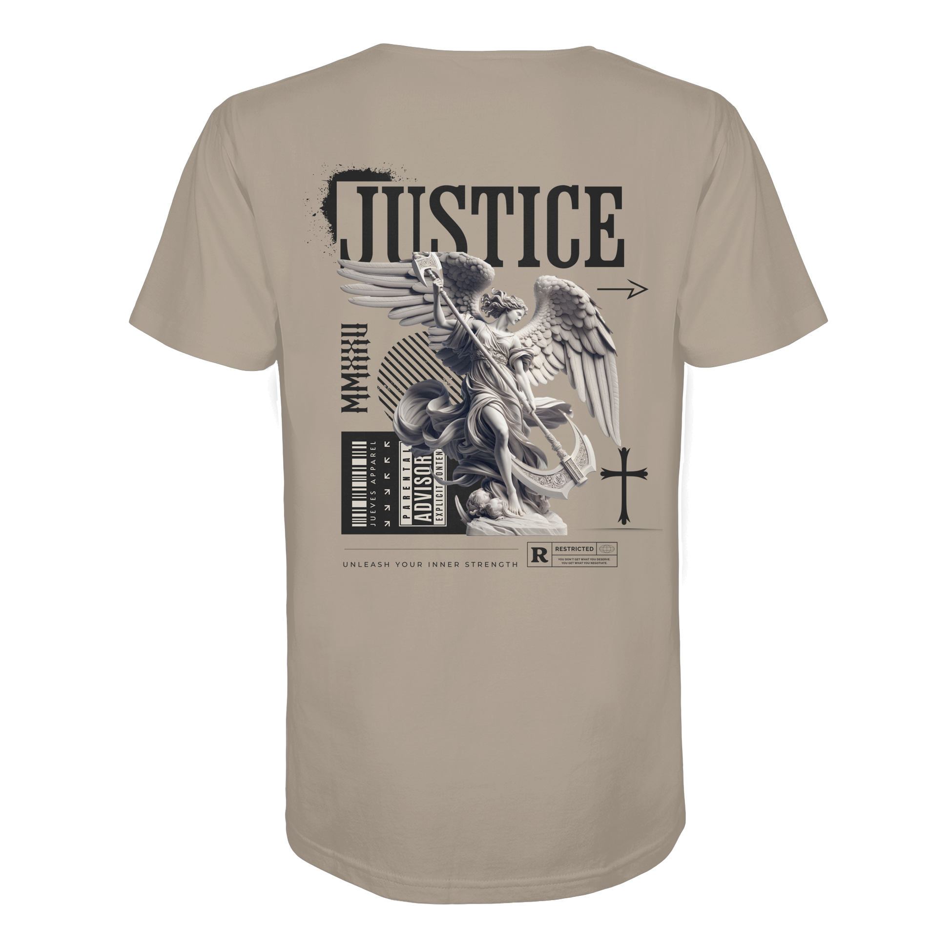 beiges Jueves Apparel Classic t-shirt mit markantem Rückendruck – urbaner Streetwear-Style aus Bio-Baumwolle