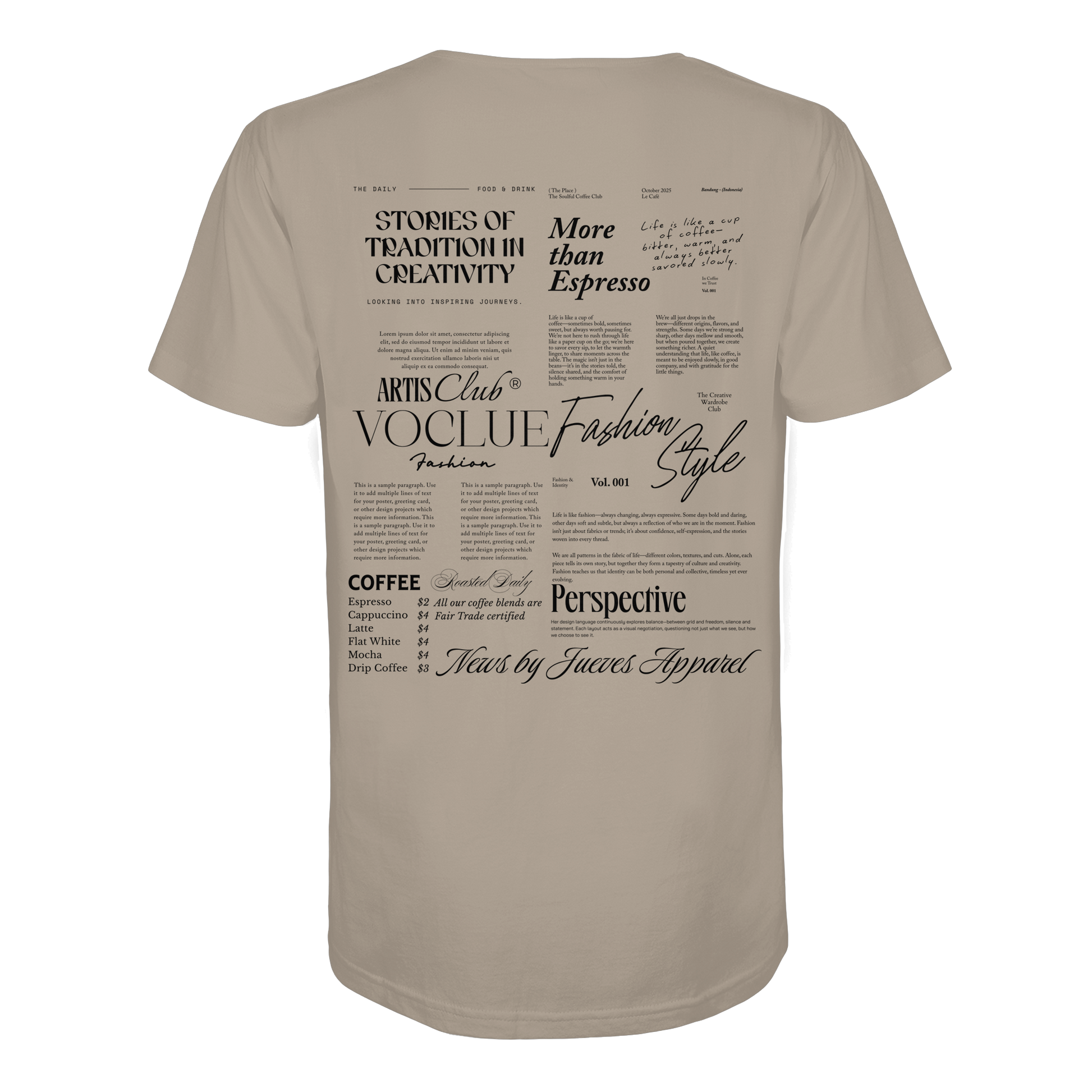 beiges Jueves Apparel Classic t-shirt mit markantem Rückendruck – urbaner Streetwear-Style aus Bio-Baumwolle