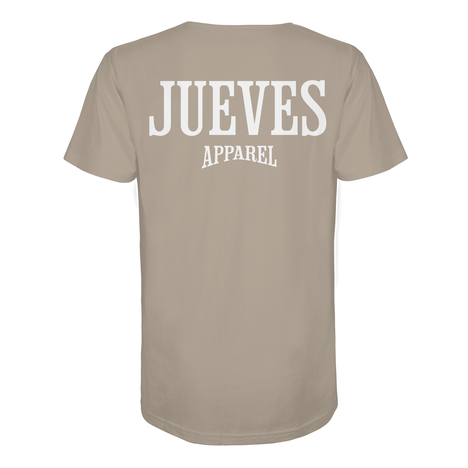 beiges Jueves Apparel Classic T-Shirt  mit markantem Rückendruck – urbaner Streetwear-Style aus Bio-Baumwolle