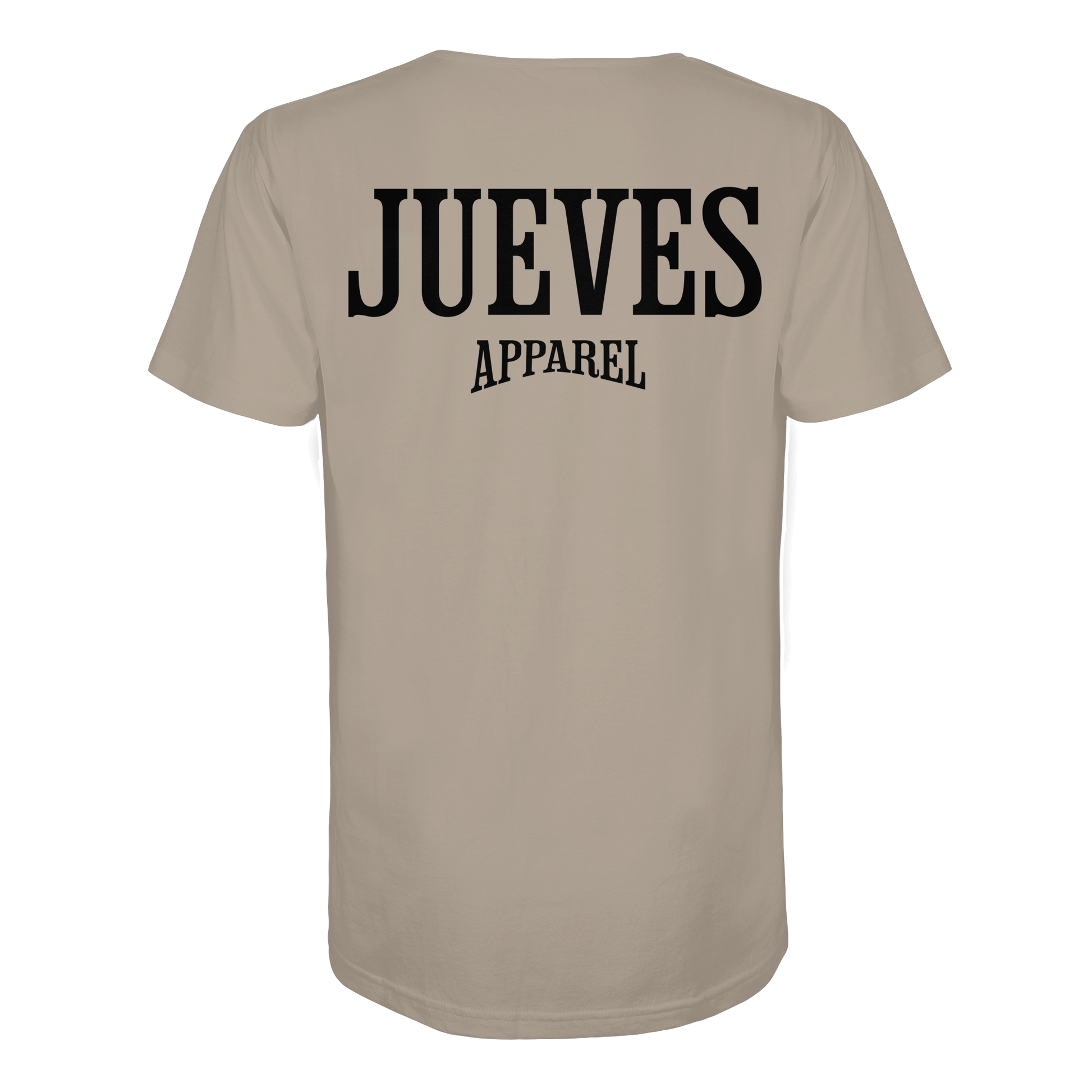 beiges Jueves Apparel Classic t-shirt mit markantem Rückendruck – urbaner Streetwear-Style aus Bio-Baumwolle
