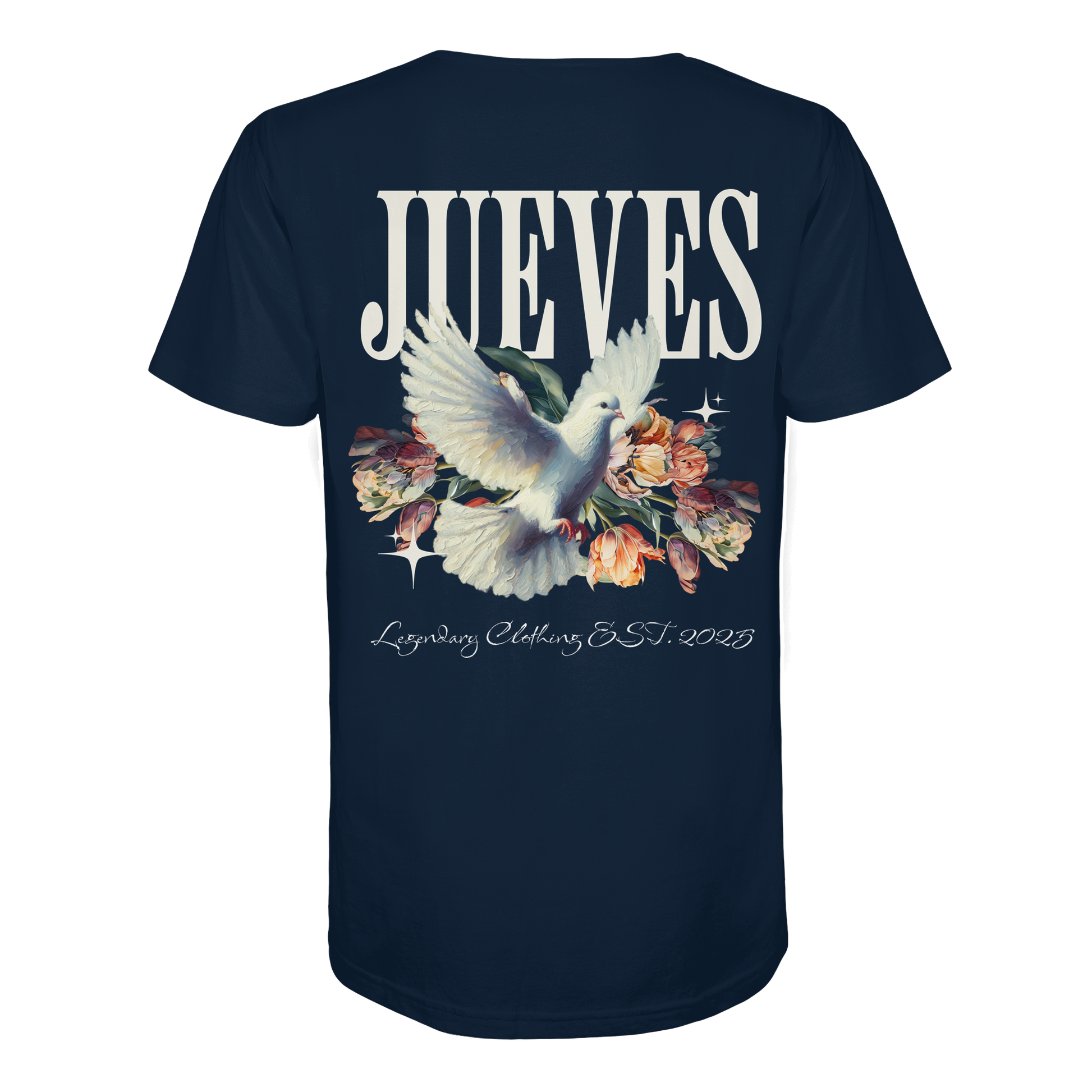 blaues Jueves Apparel Classic t-shirt mit markantem Rückendruck – urbaner Streetwear-Style aus Bio-Baumwolle