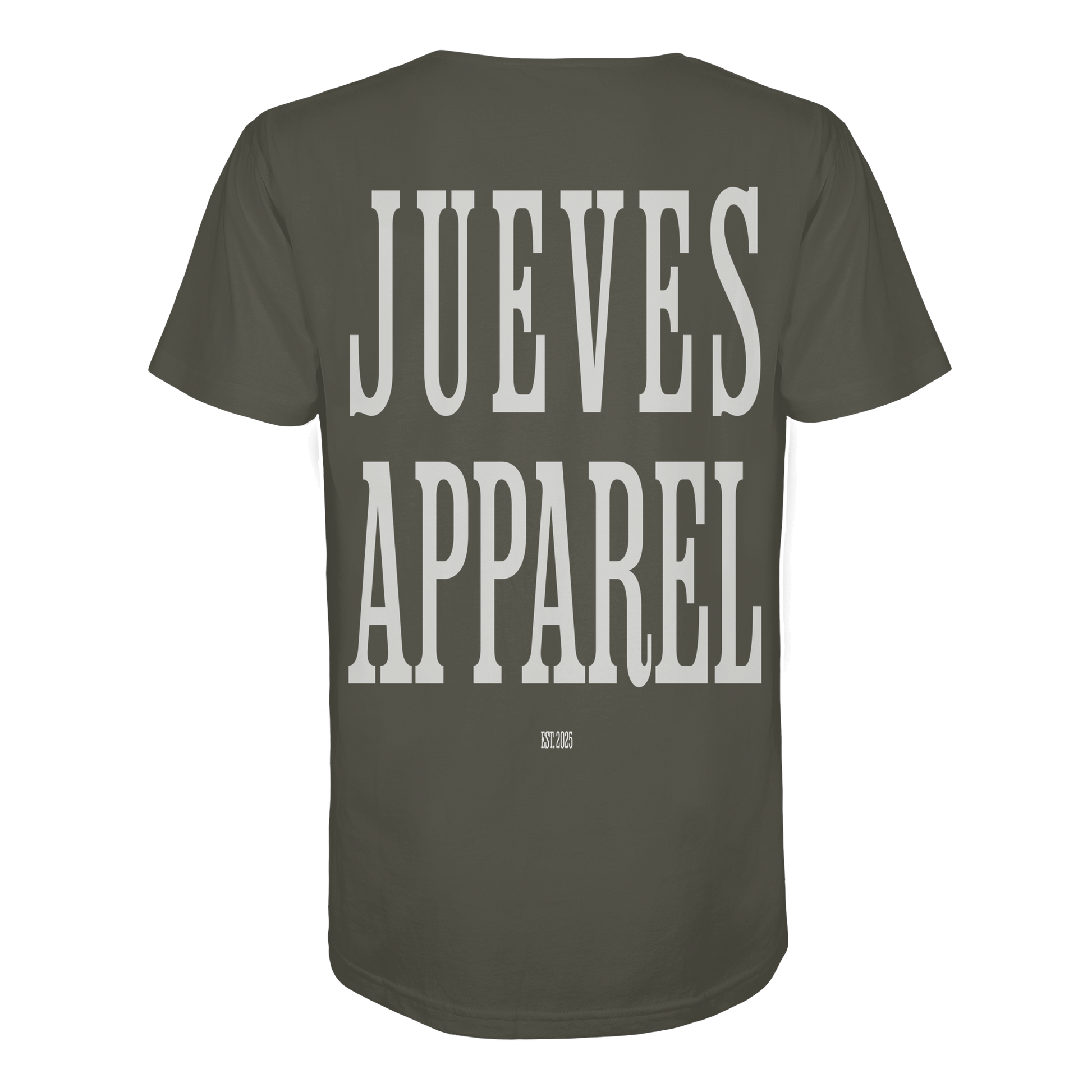 Khaki Jueves Apparel Classic t-shirt mit markantem Rückendruck – urbaner Streetwear-Style aus Bio-Baumwolle