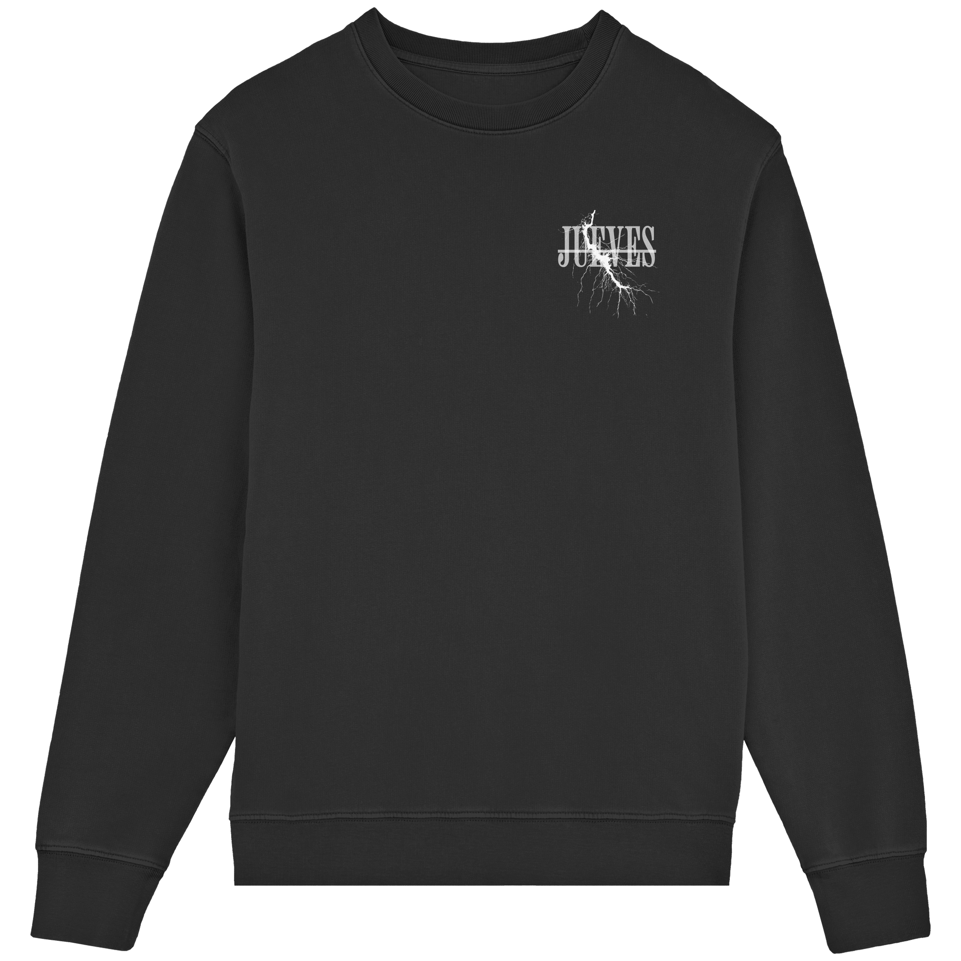 Frontansicht des schwarzen Classic Sweatshirts von Jueves Apparel im klassischen Schnitt – dezentes Design vorne, Rückendruck als Highlight, 85 % Bio-Baumwolle, 15 % Polyester.
