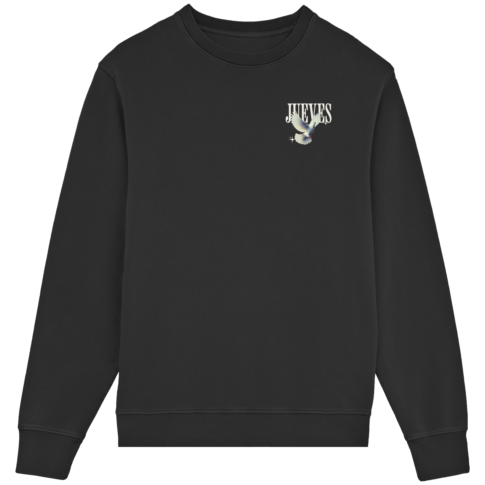 Frontansicht des schwarzen Classic Sweatshirts von Jueves Apparel im klassischen Schnitt – dezentes Design vorne, Rückendruck als Highlight, 85 % Bio-Baumwolle, 15 % Polyester.