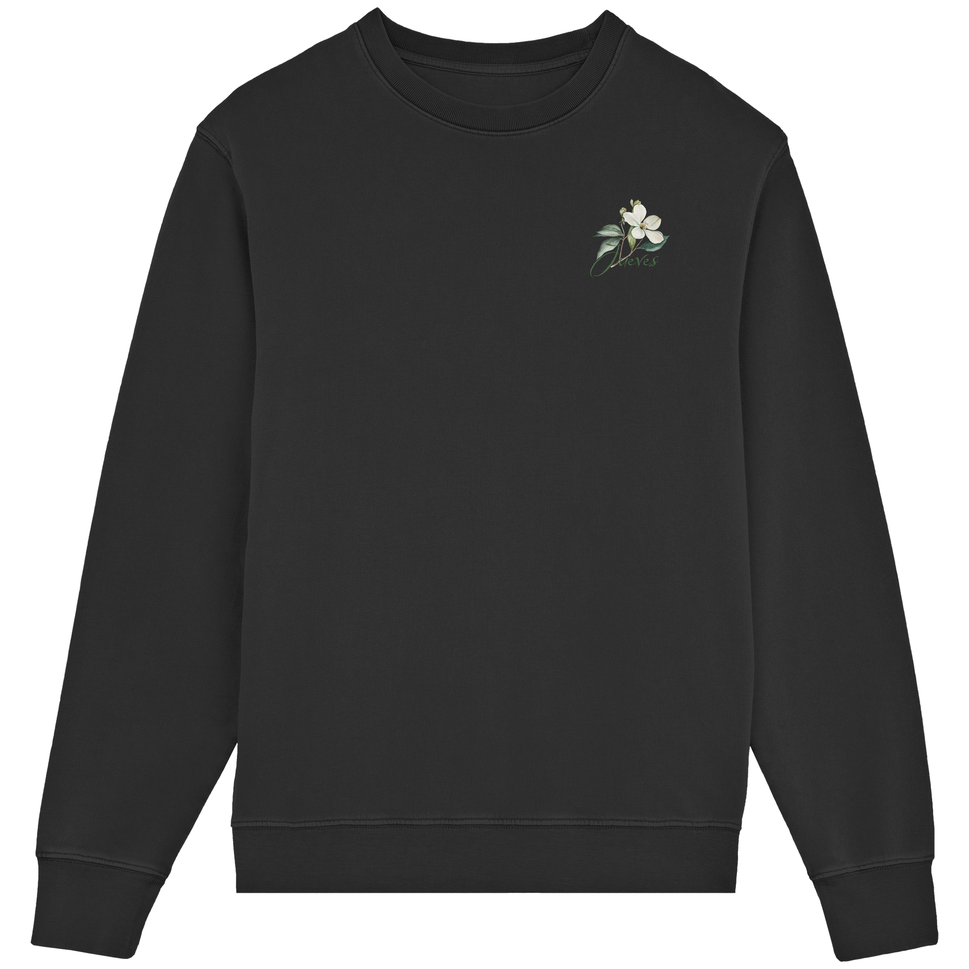 Frontansicht des schwarzen Classic Sweatshirts von Jueves Apparel im klassischen Schnitt – dezentes Design vorne, Rückendruck als Highlight, 85 % Bio-Baumwolle, 15 % Polyester.