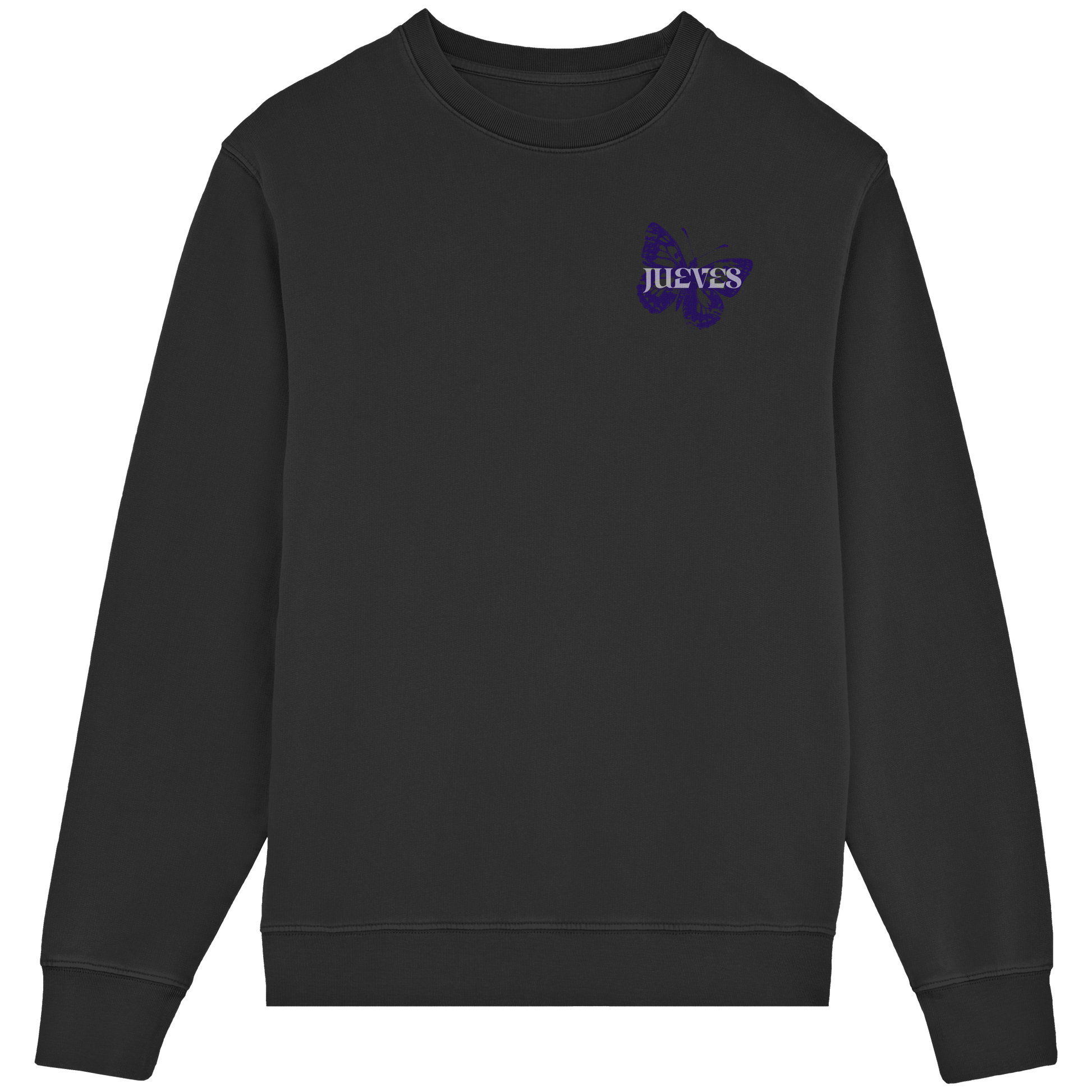 Frontansicht des schwarzen Classic Sweatshirts von Jueves Apparel im klassischen Schnitt – dezentes Design vorne, Rückendruck als Highlight, 85 % Bio-Baumwolle, 15 % Polyester.