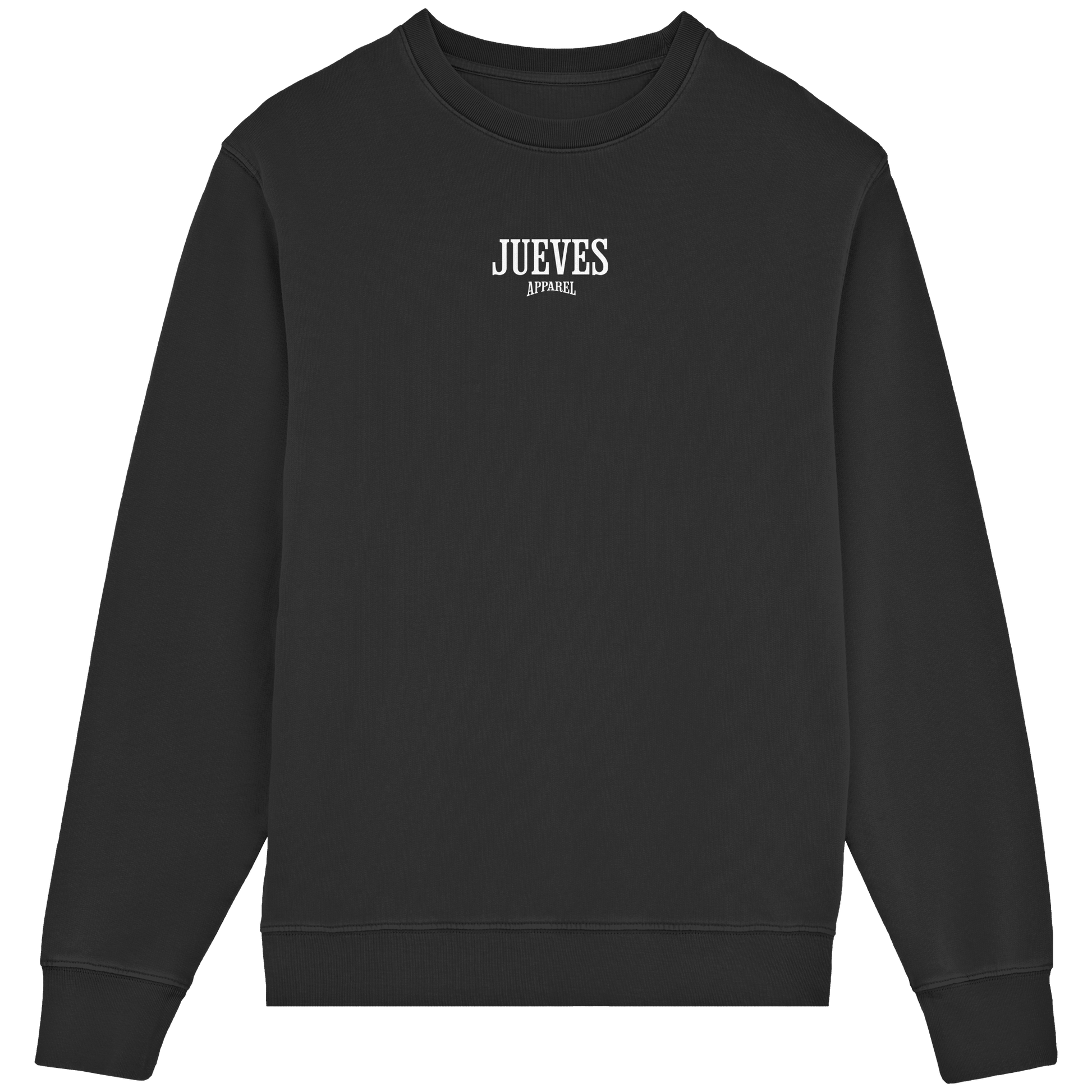 Frontansicht des schwarzen Classic Sweatshirts von Jueves Apparel im klassischen Schnitt – dezentes Design vorne, Rückendruck als Highlight, 85 % Bio-Baumwolle, 15 % Polyester.