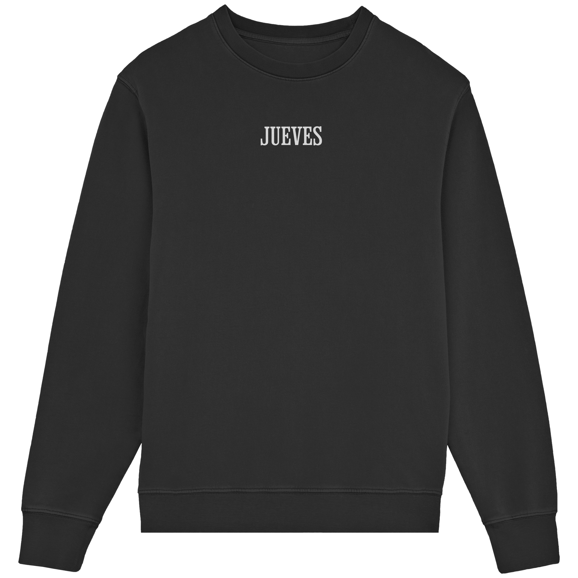 Frontansicht des schwarzen Classic Sweatshirts von Jueves Apparel im klassischen Schnitt – dezentes Design vorne, Rückendruck als Highlight, 85 % Bio-Baumwolle, 15 % Polyester.