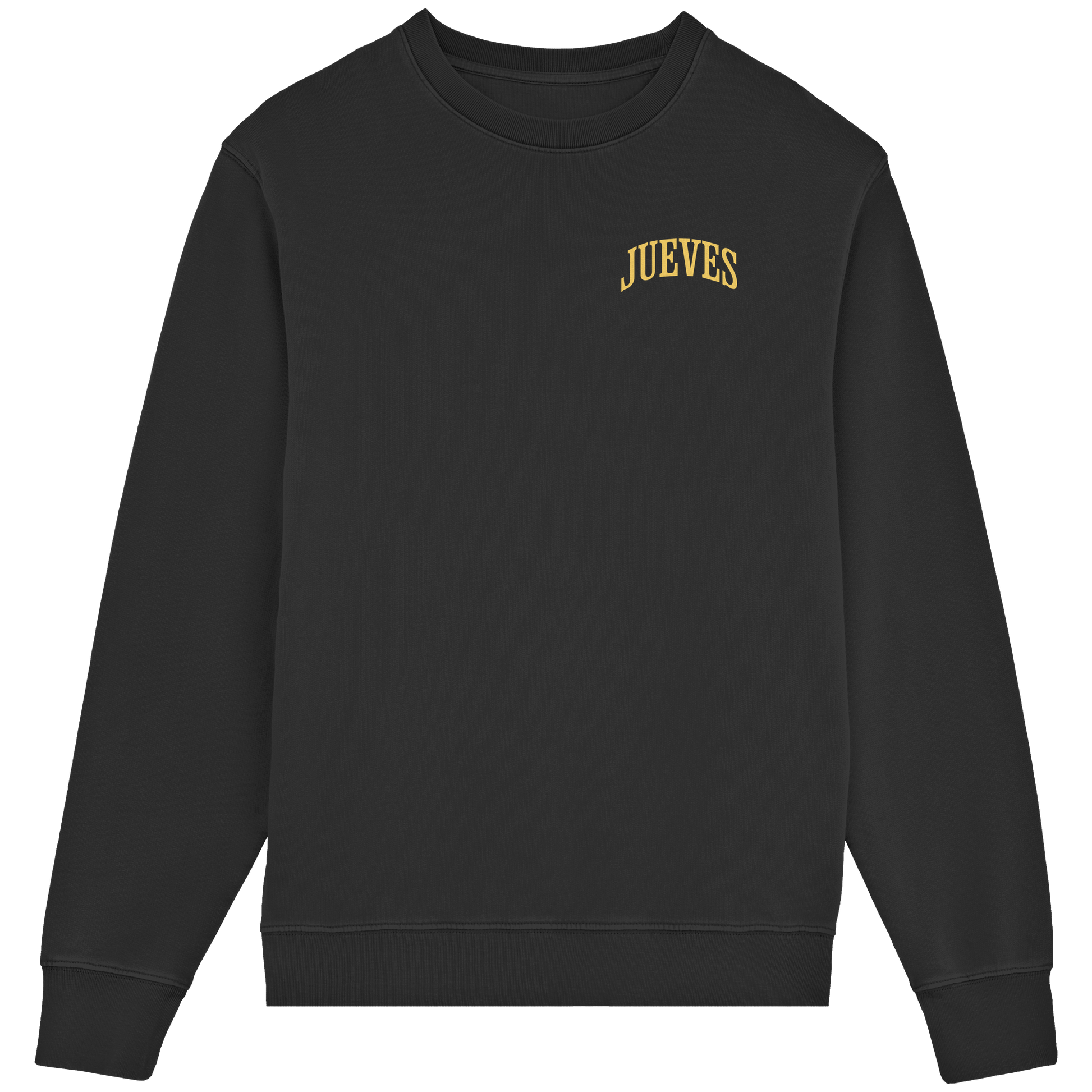 Frontansicht des schwarzen Classic Sweatshirts von Jueves Apparel im klassischen Schnitt – dezentes Design vorne, Rückendruck als Highlight, 85 % Bio-Baumwolle, 15 % Polyester.
