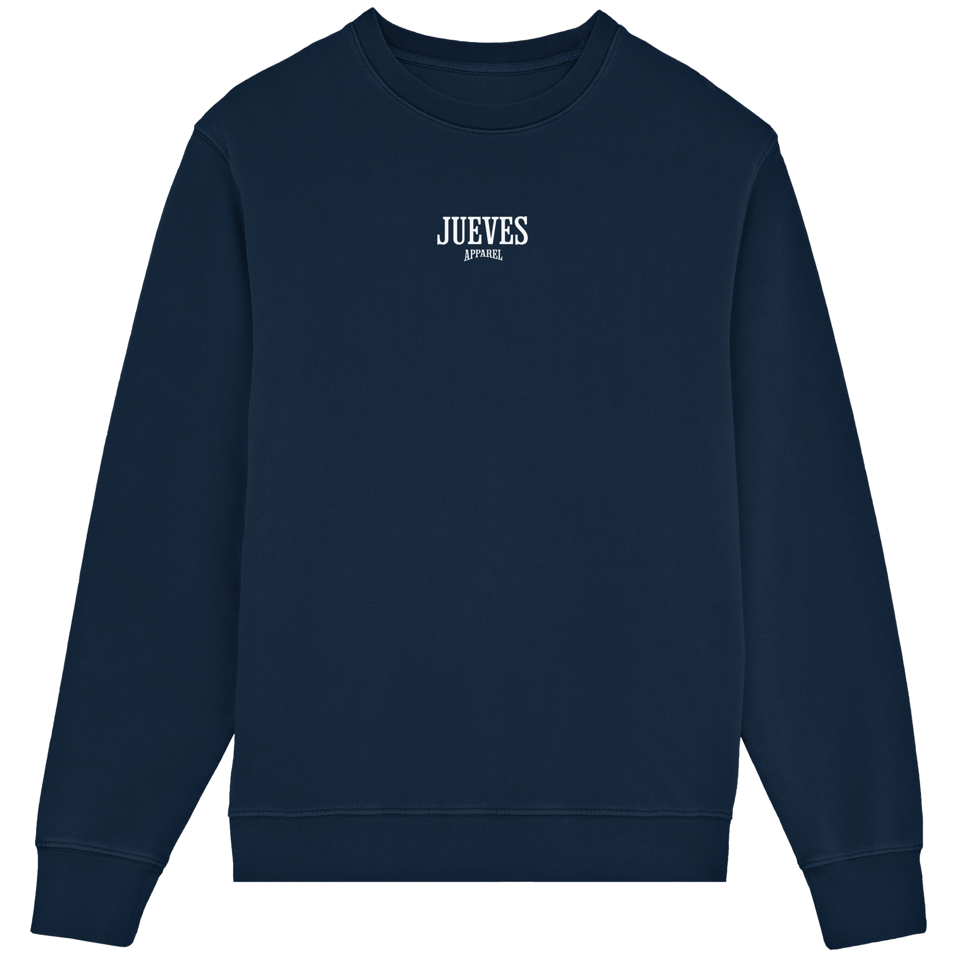 Frontansicht des blauen Classic Sweatshirts von Jueves Apparel im klassischen Schnitt – auffälliges Design vorne, Brustdruck 85 % Bio-Baumwolle, 15 % Polyester.