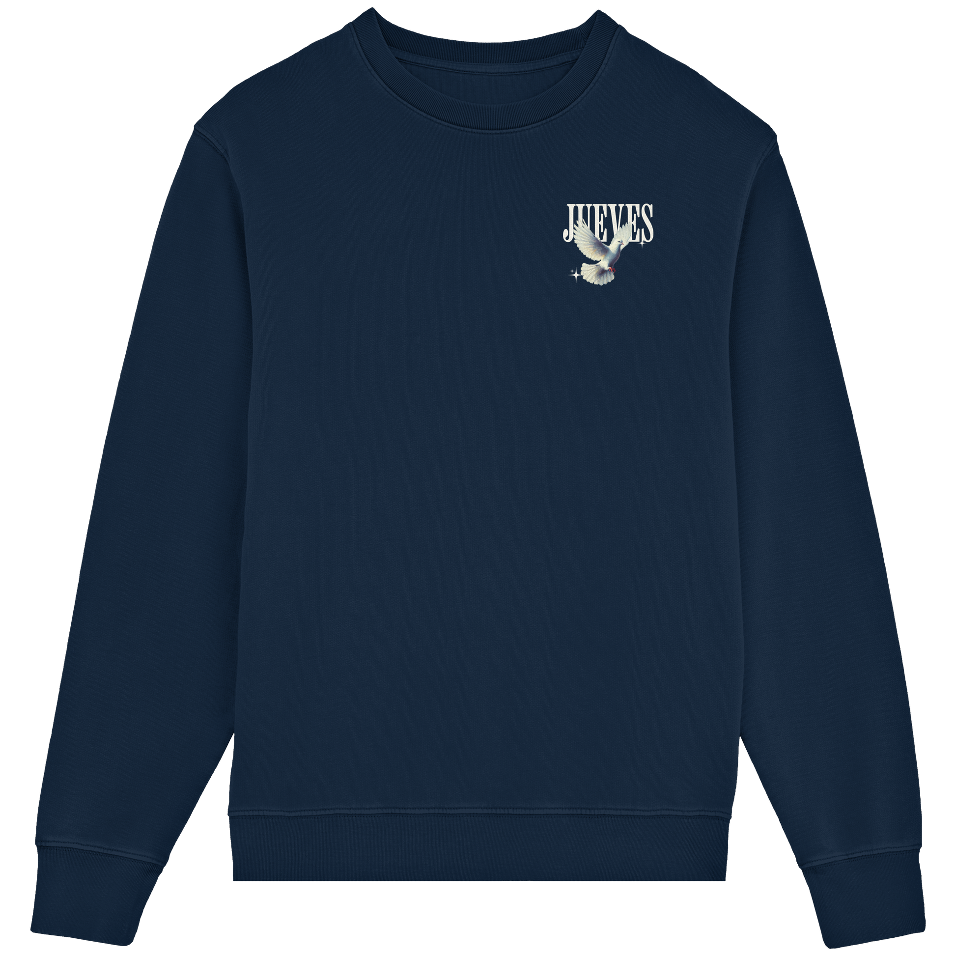 Frontansicht des blauen Classic Sweatshirts von Jueves Apparel im klassischen Schnitt – dezentes Design vorne, Rückendruck als Highlight, 85 % Bio-Baumwolle, 15 % Polyester.