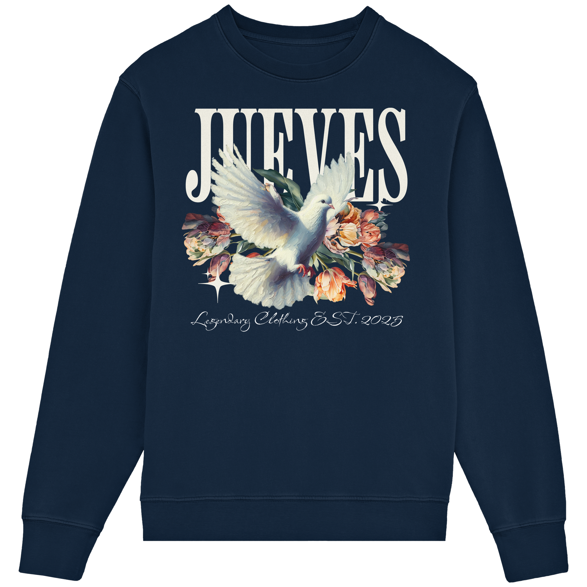 Frontansicht des blauen Classic Sweatshirts von Jueves Apparel im klassischen Schnitt – auffälliges Design vorne, Brustdruck 85 % Bio-Baumwolle, 15 % Polyester.