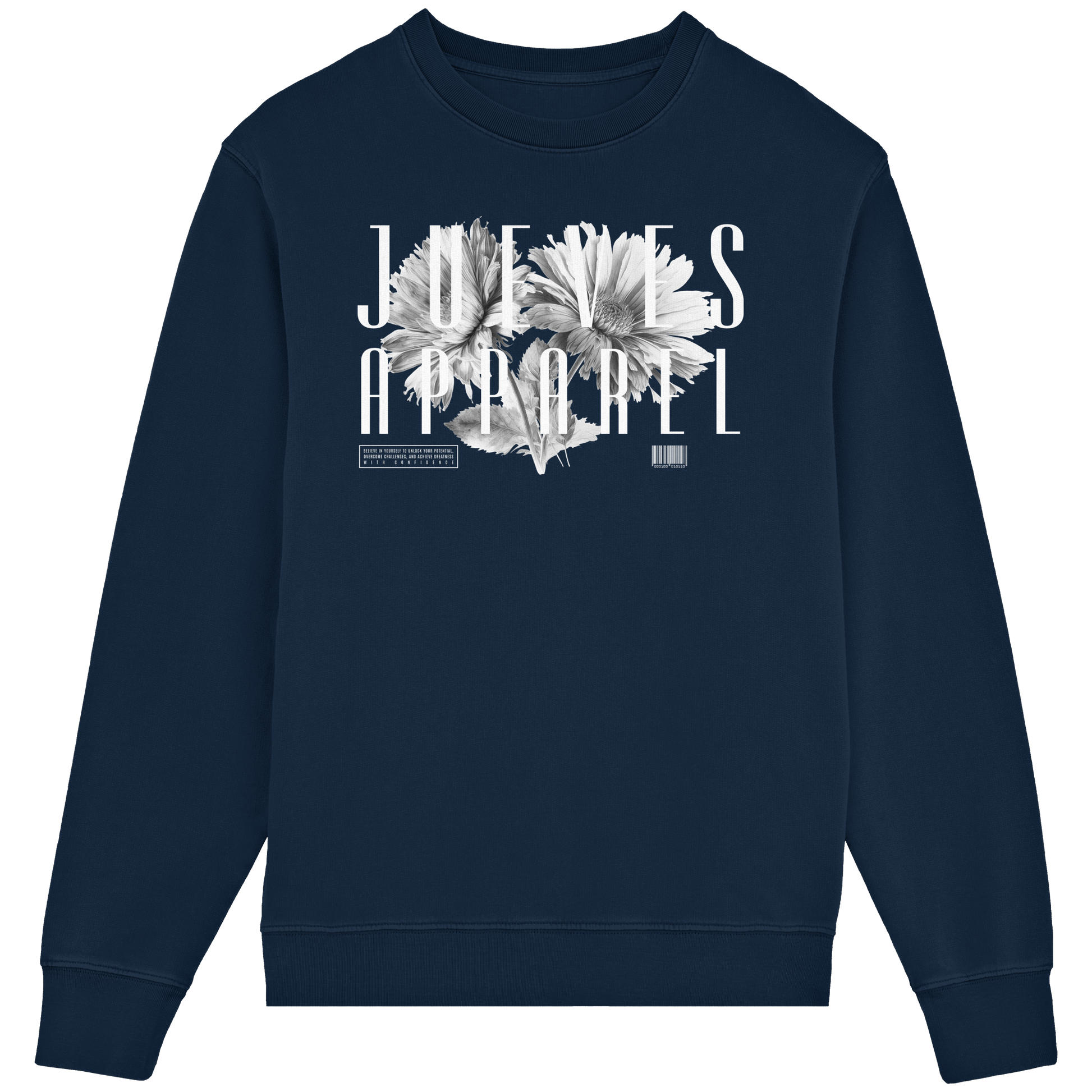 Frontansicht des blauen Classic Sweatshirts von Jueves Apparel im klassischen Schnitt – auffälliges Design vorne, Brustdruck 85 % Bio-Baumwolle, 15 % Polyester.