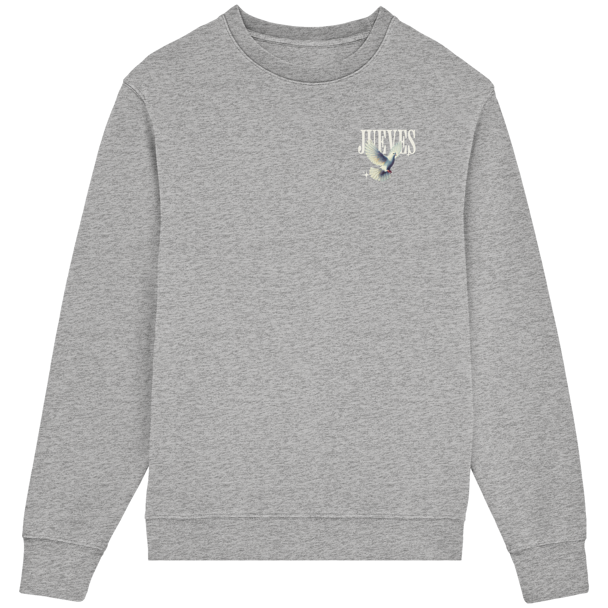 Frontansicht des grauen Classic Sweatshirts von Jueves Apparel im klassischen Schnitt – dezentes Design vorne, Rückendruck als Highlight, 85 % Bio-Baumwolle, 15 % Polyester.