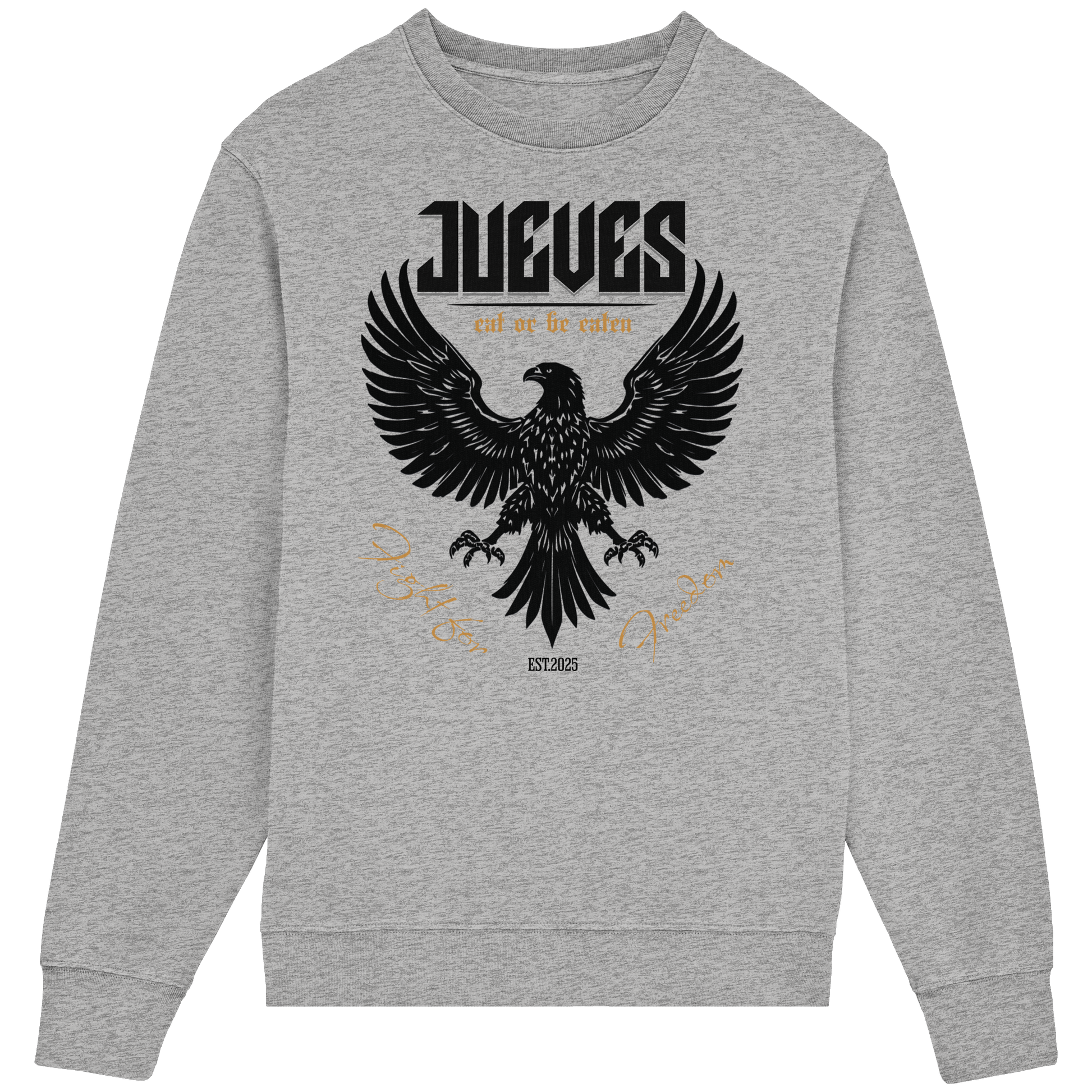 Frontansicht des grauen Classic Sweatshirts von Jueves Apparel im klassischen Schnitt – auffälliges Design vorne, Brustdruck 85 % Bio-Baumwolle, 15 % Polyester.