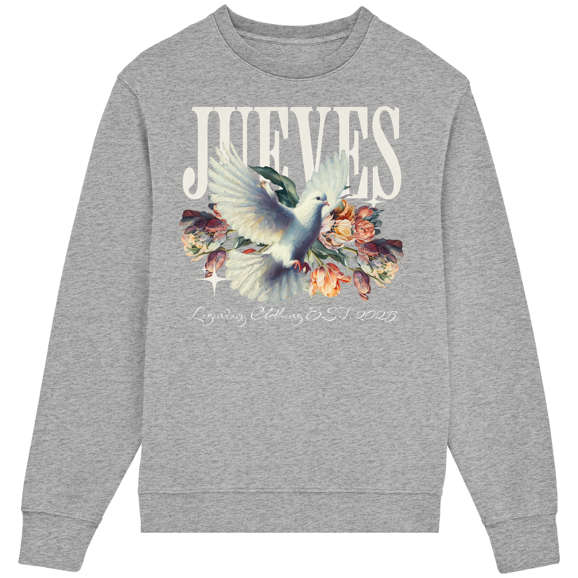 Frontansicht des grauen Classic Sweatshirts von Jueves Apparel im klassischen Schnitt – auffälliges Design vorne, Brustdruck 85 % Bio-Baumwolle, 15 % Polyester.