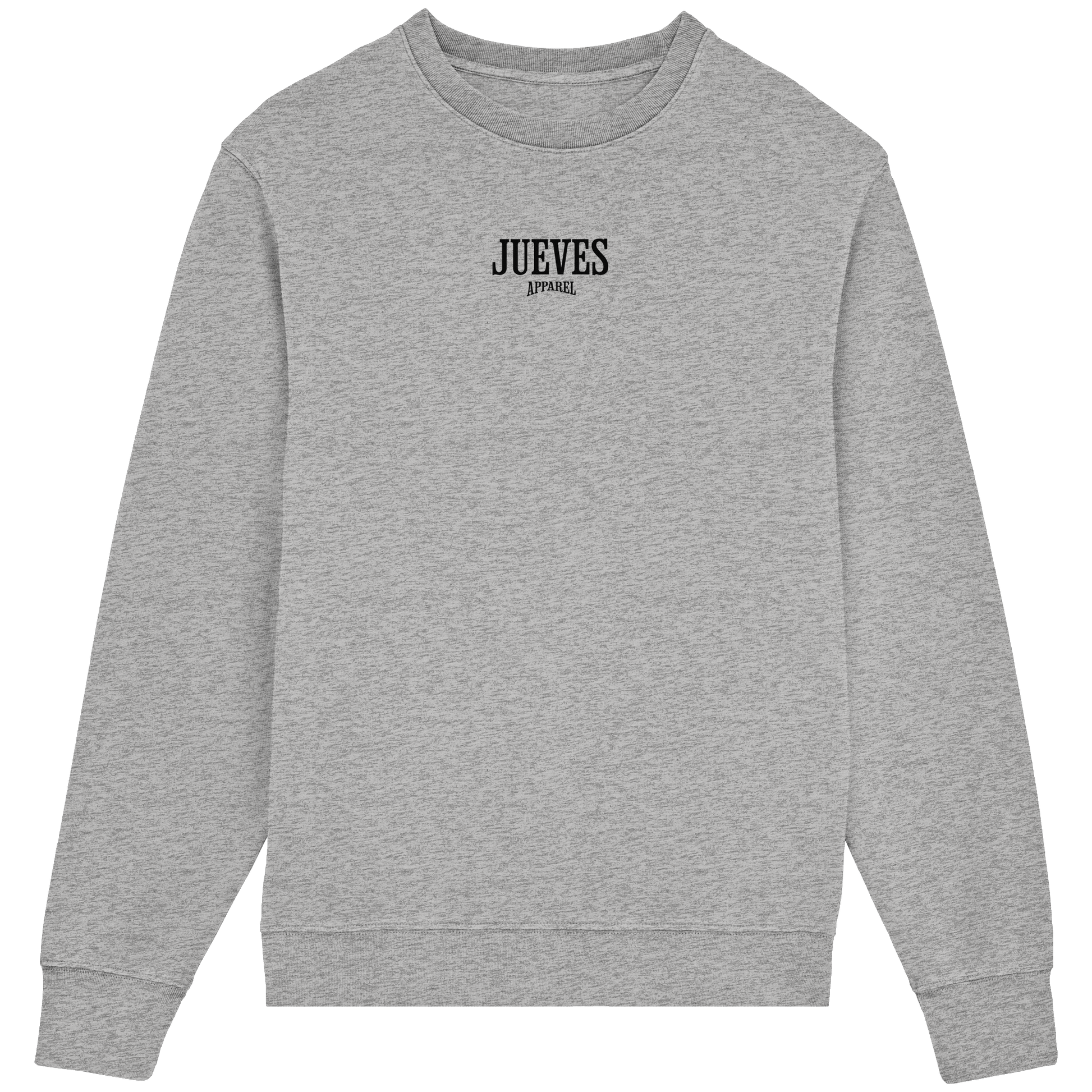 Frontansicht des grauen Classic Sweatshirts von Jueves Apparel im klassischen Schnitt – dezentes Design vorne, Rückendruck als Highlight, 85 % Bio-Baumwolle, 15 % Polyester.