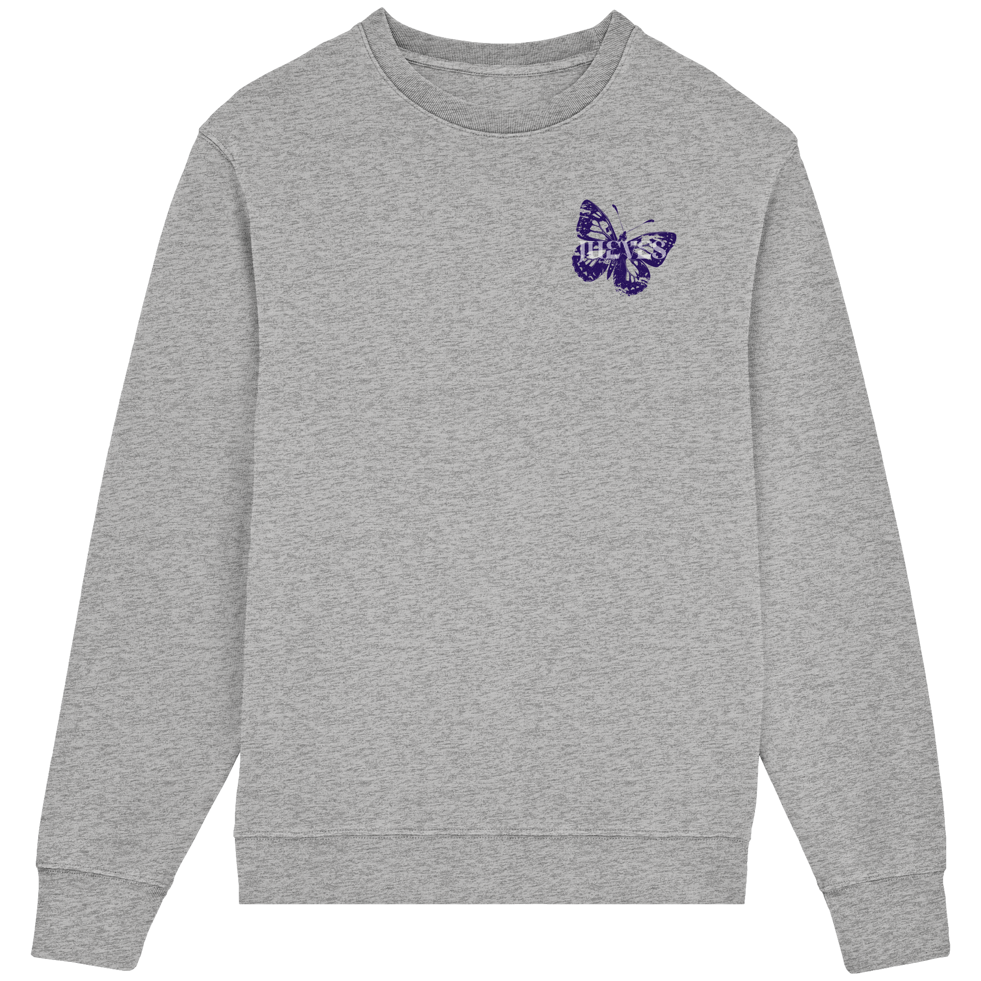 Frontansicht des grauen Classic Sweatshirts von Jueves Apparel im klassischen Schnitt – dezentes Design vorne, Rückendruck als Highlight, 85 % Bio-Baumwolle, 15 % Polyester.
